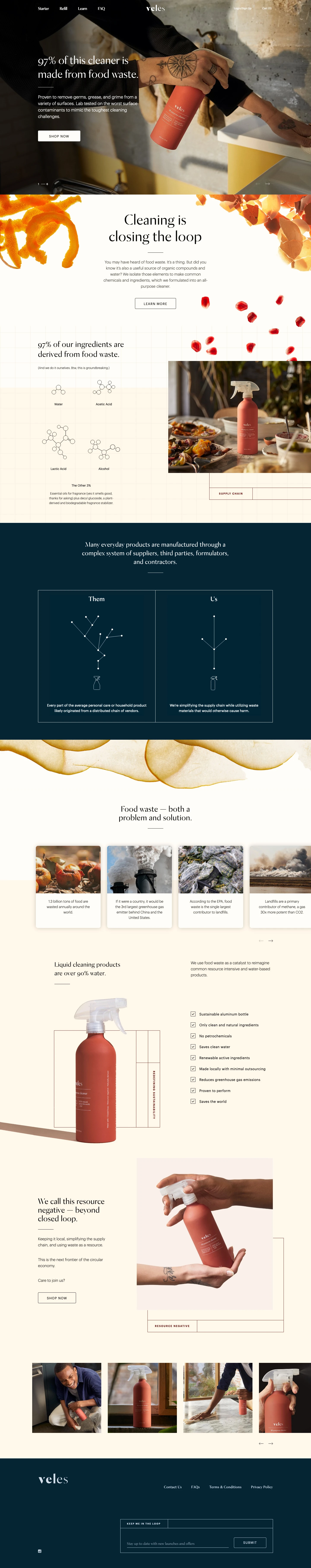 Veles Landing Page Example: All-purpose cleaner made with ingredients derived from food waste, packaged in a refillable aluminum bottle. Removes germs, grease, and grime.