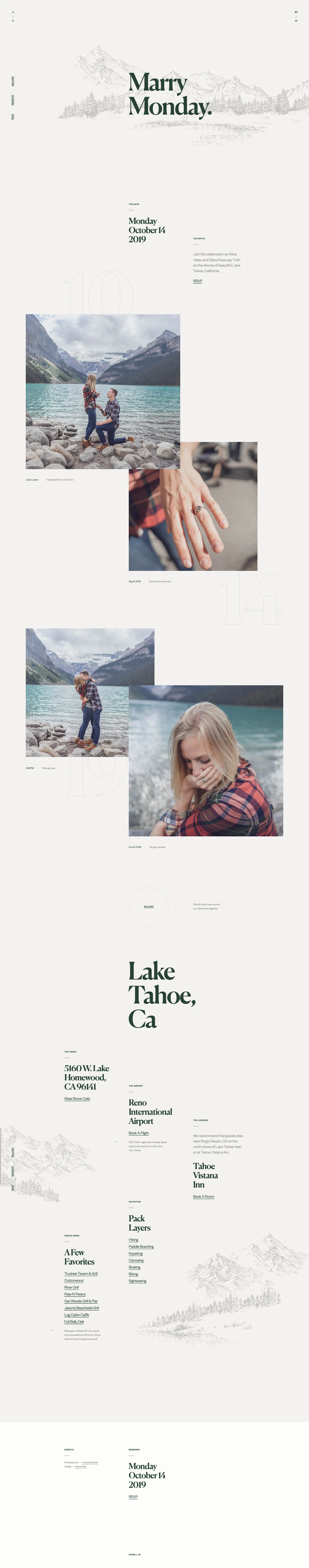 Veley ⁠/ Ross — Wedding Landing Page Example: Join the celebration as Alice Veley and Gene Ross say \"I do\" on the shores of beautiful Lake Tahoe, California.