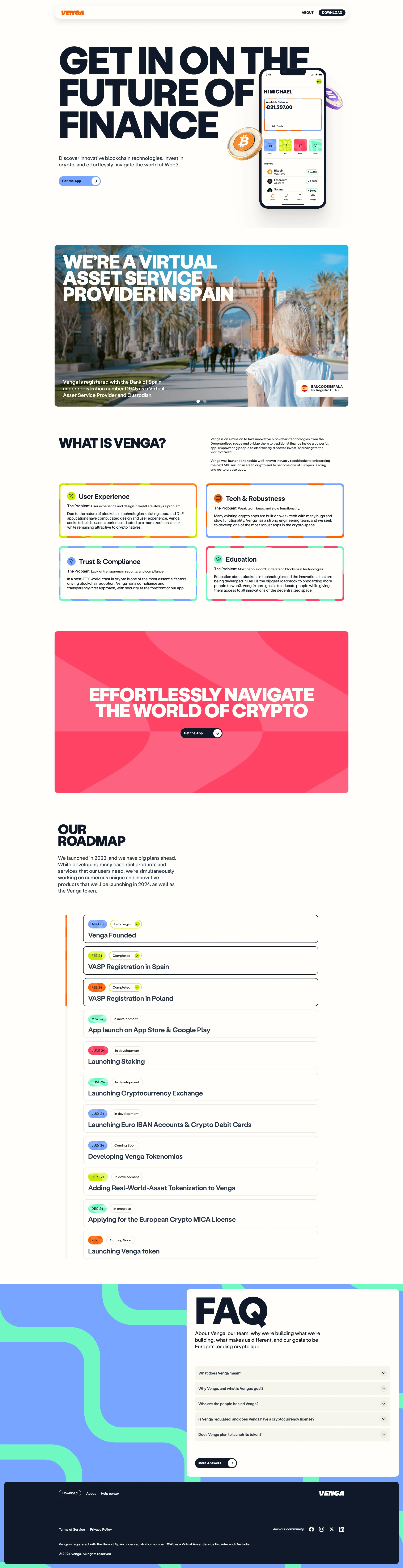 Venga Landing Page Example: Get in  on the future of finance. Discover innovative blockchain technologies, invest in crypto, and effortlessly navigate the world of Web3.