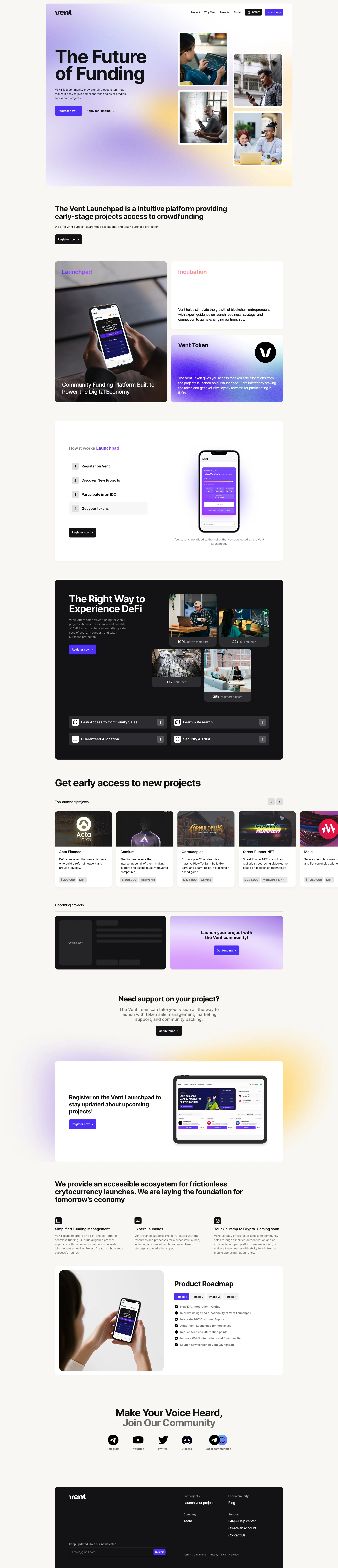 Vent Landing Page Example: The Future of Funding. VENT is a community crowdfunding ecosystem that makes it easy to join compliant token sales of credible blockchain projects.