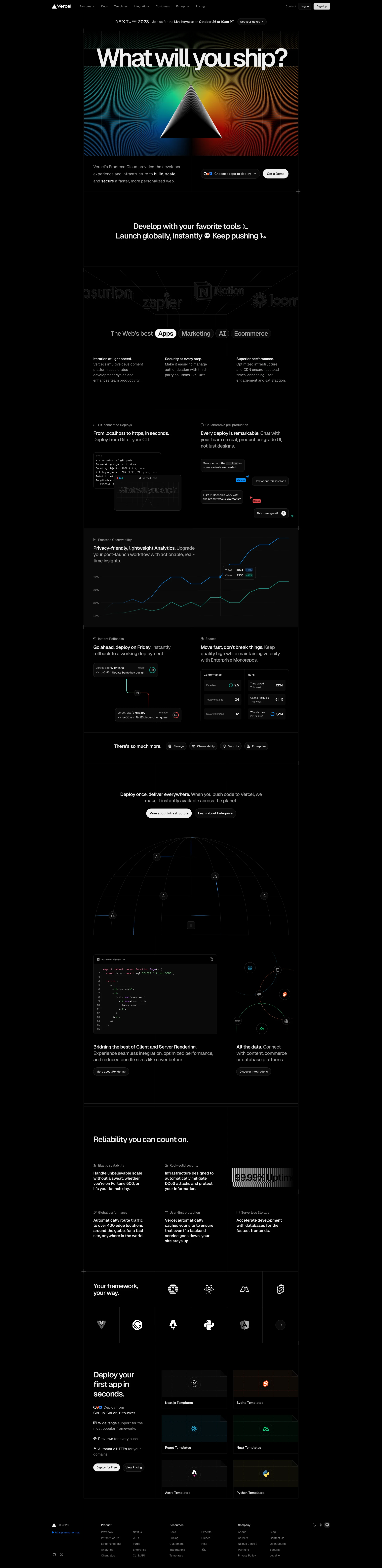 Vercel Landing Page Example: Vercel's frontend cloud gives developers the frameworks, workflows, and infrastructure to build a faster, more personalized Web.
