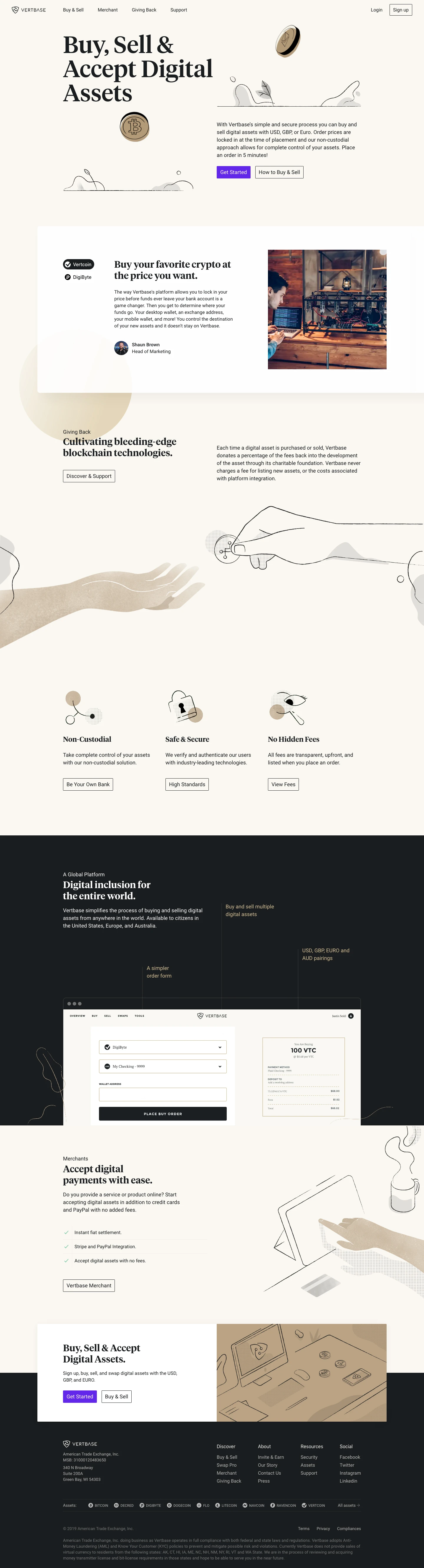Vertbase Landing Page Example: With Vertbase’s simple and secure process you can buy and sell digital assets with USD, GBP, or Euro. Order prices are locked in at the time of placement and our non-custodial approach allows for complete control of your assets. Place an order in 5 minutes!