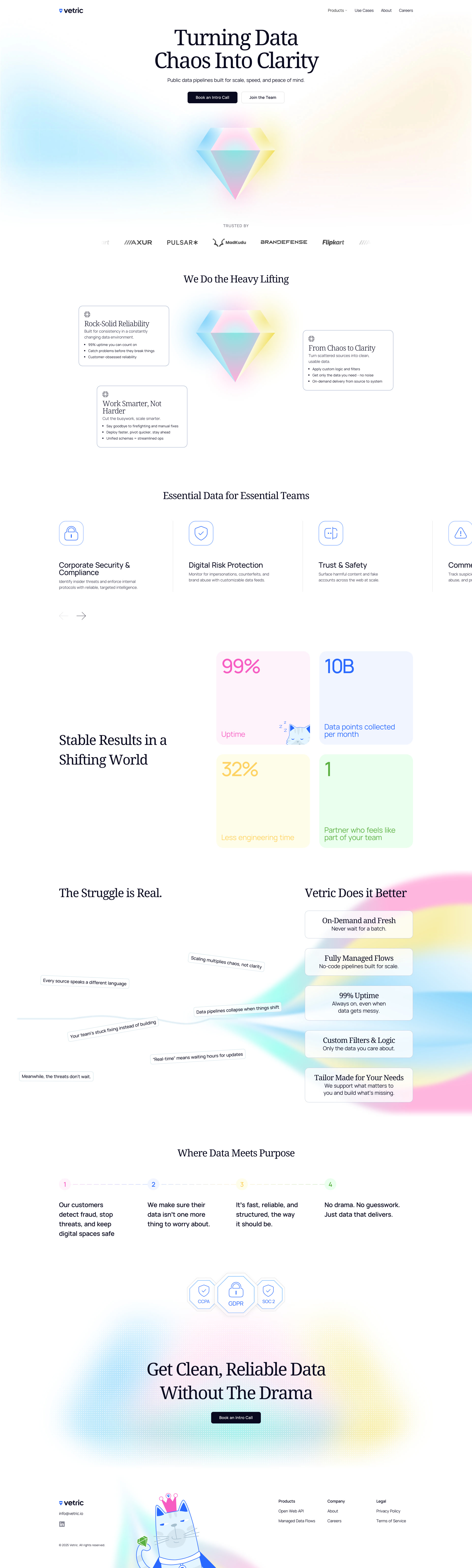 Vetric Landing Page Example: Vetric offers powerful public data pipelines, and dynamic data flows designed for scale, speed, and accuracy. Built for developers and data teams.