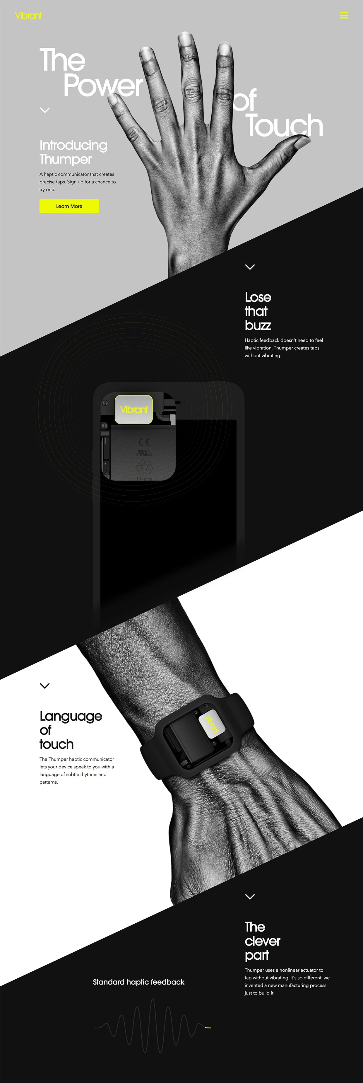 Vibrant Landing Page Example: A haptic communicator that creates precise taps