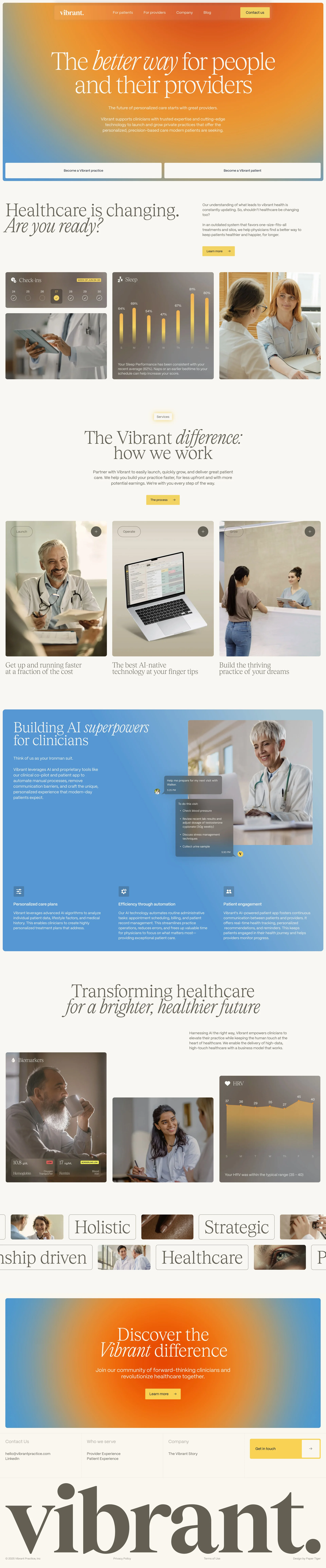 Vibrant Landing Page Example: With a combination of human expertise and proprietary AI, Vibrant partners with physicians as they launch, run, and grow practices that prioritize precision-based care that focuses on keeping patients healthier and happier, for longer.