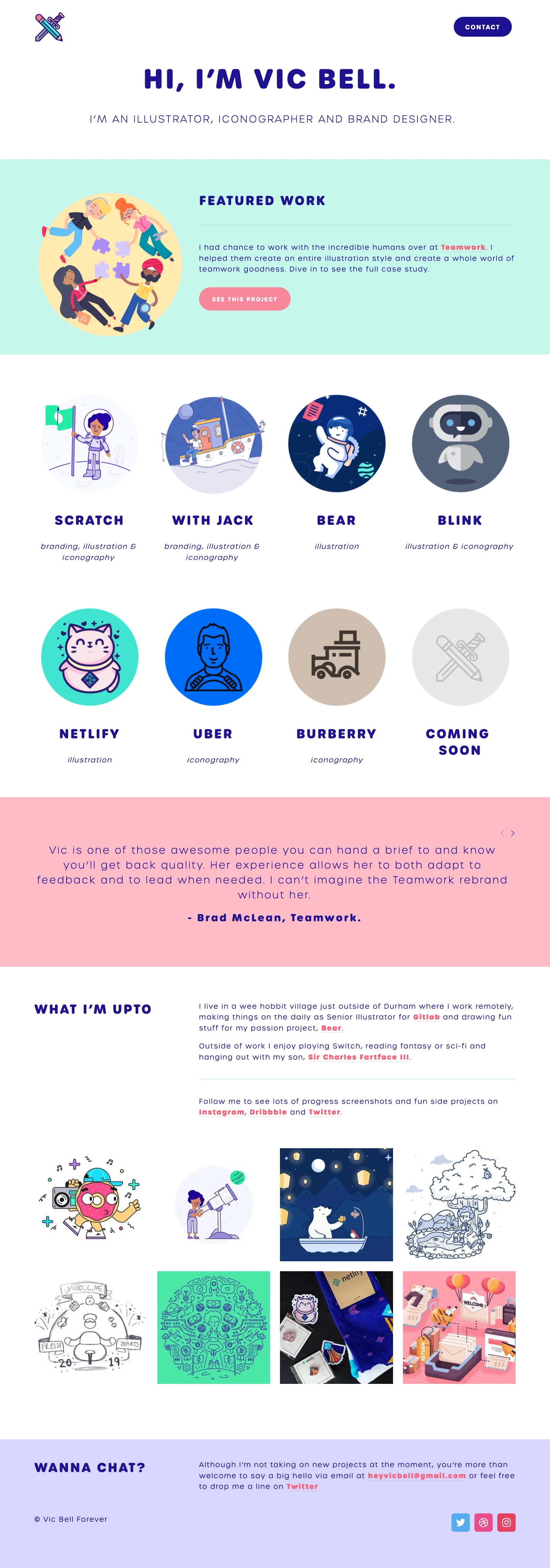 Vic Bell Landing Page Example: Illustrator, Iconographer and Brand Designer. Making things, mainly sandwiches. Senior Illustrator @gitlab and making fun stuff for @BearNotesApp.