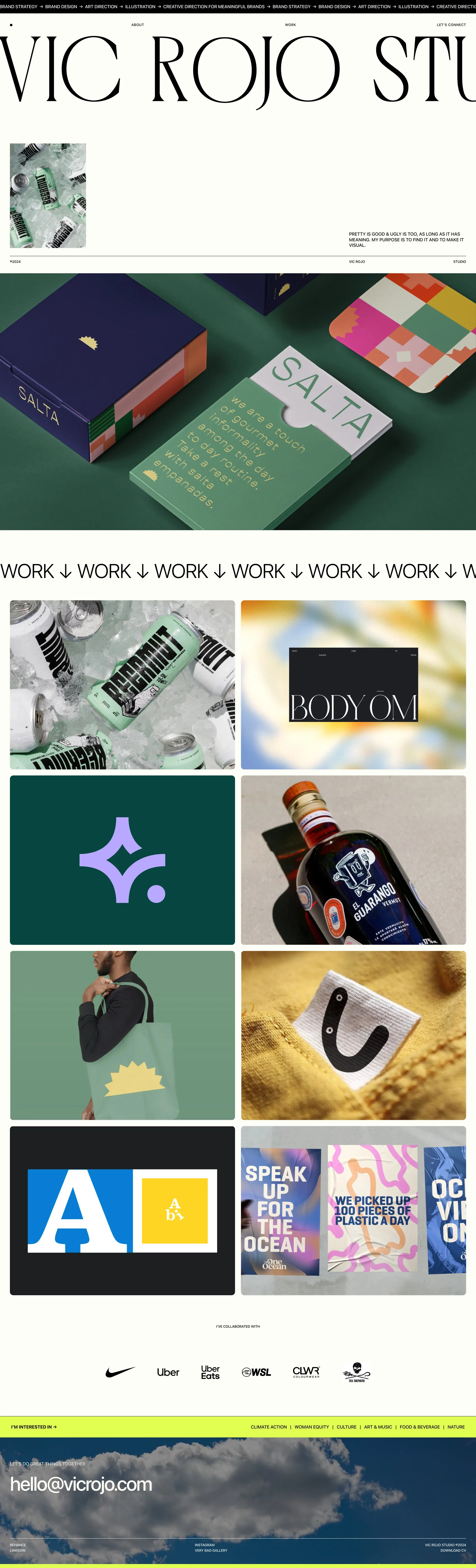Vic Rojo Landing Page Example: Branding & campaign studio. With a focus in purpose and meaning, finding what connects brands with their audience and building a world from there.