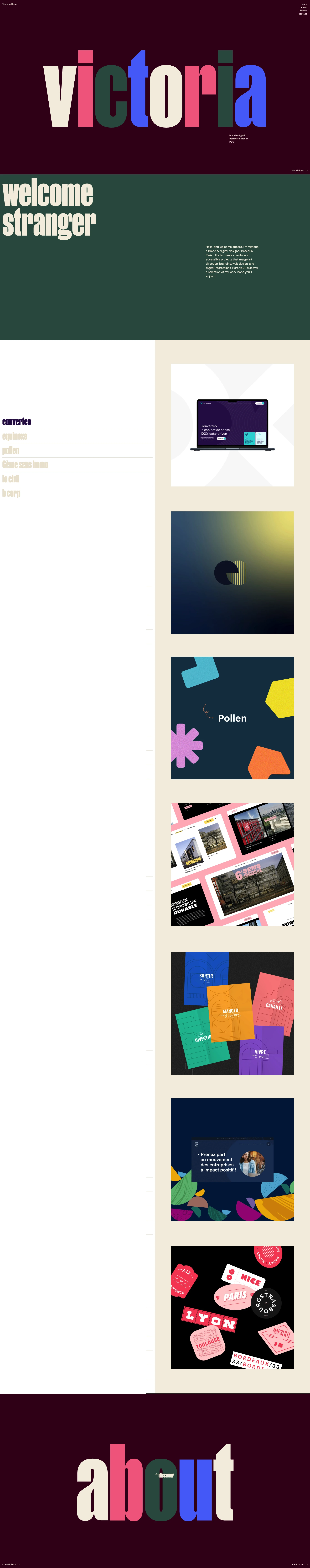 Victoria Heim Landing Page Example: Hi! I’m Victoria Heim, a digital designer based in Paris. I create impactful and meaningful visual identities, and I bring them to life on an interface. I like to imagine principles of interaction that bring a little more, and create an emotion.