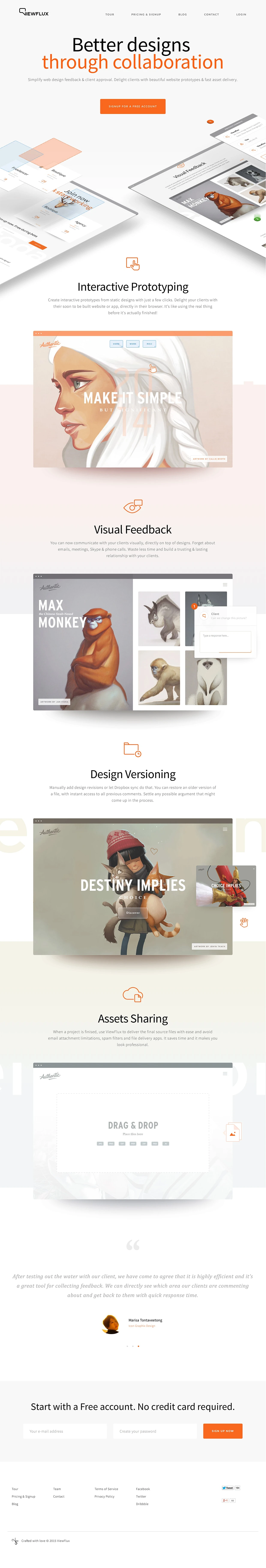 ViewFlux Landing Page Example: ViewFlux allows you to create clickable prototypes from your designs, easily get feedback & collaborate with your clients or team mates.