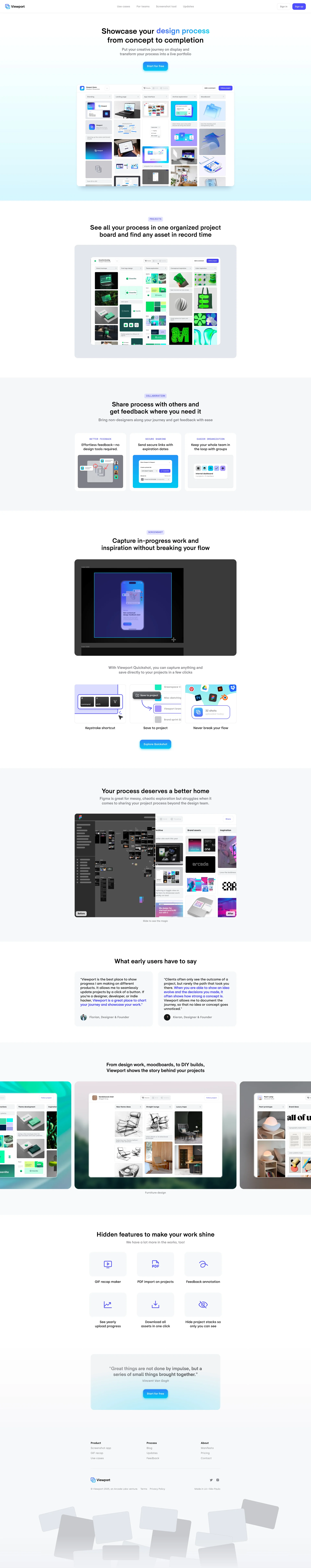 Viewport Landing Page Example: Viewport helps designers showcase their entire creative process, from concept to completion. Start building a portfolio that tells the full story of your work.
