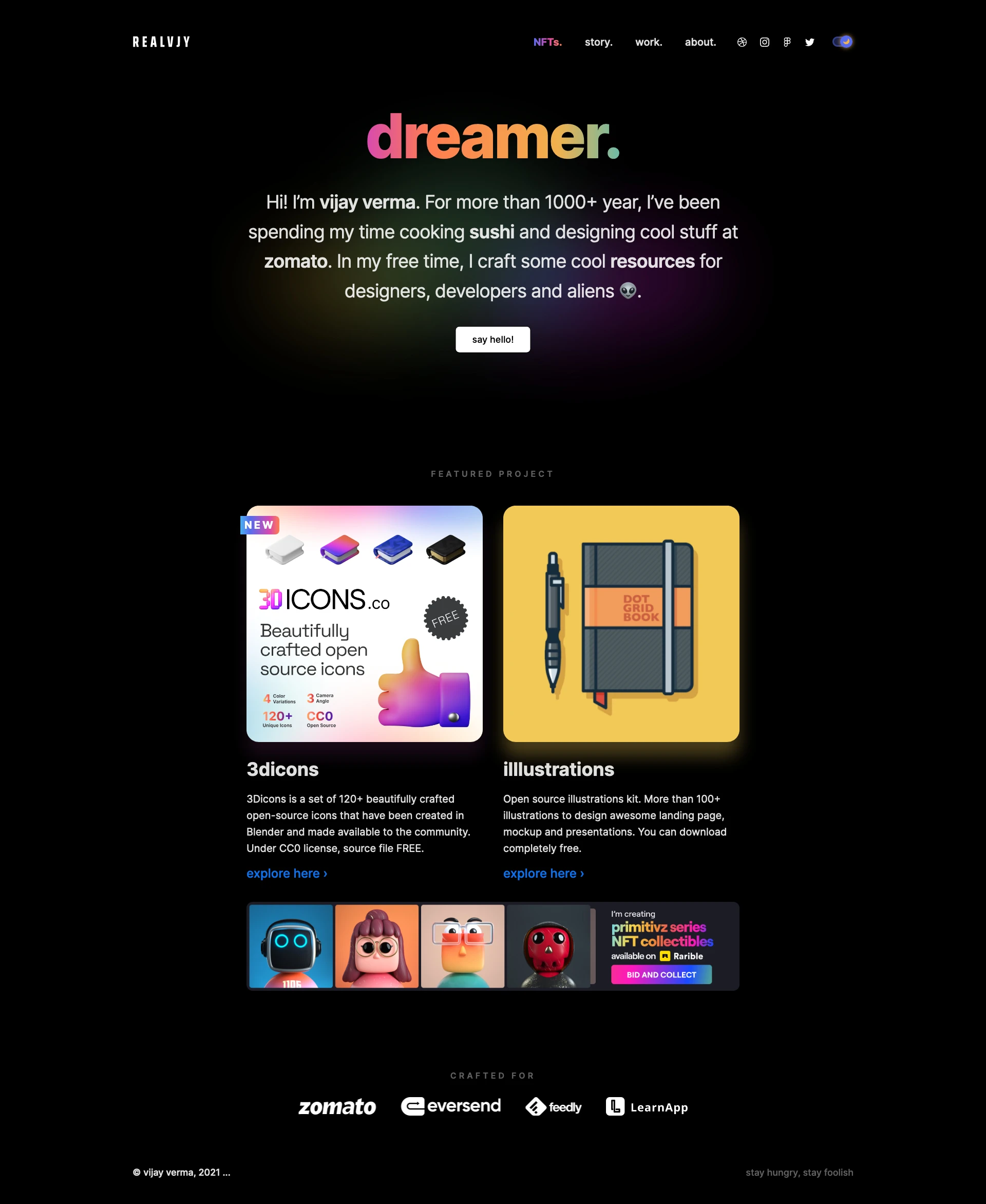 vijay verma Landing Page Example: A design chef leading and building inclusive design at zomato. Maker of Sushi Design System, illlustrations, uiprint, designletter...