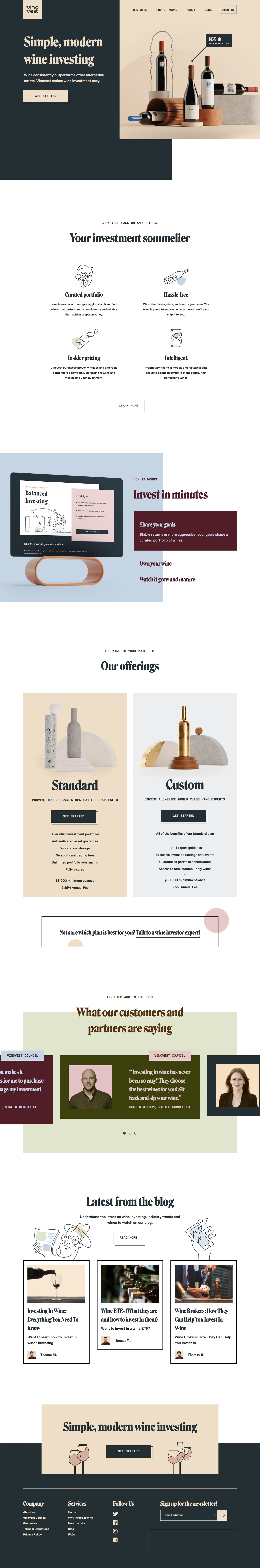 Vinovest Landing Page Example: Wine consistently outperforms other alternative assets. Vinovest makes wine investment easy.