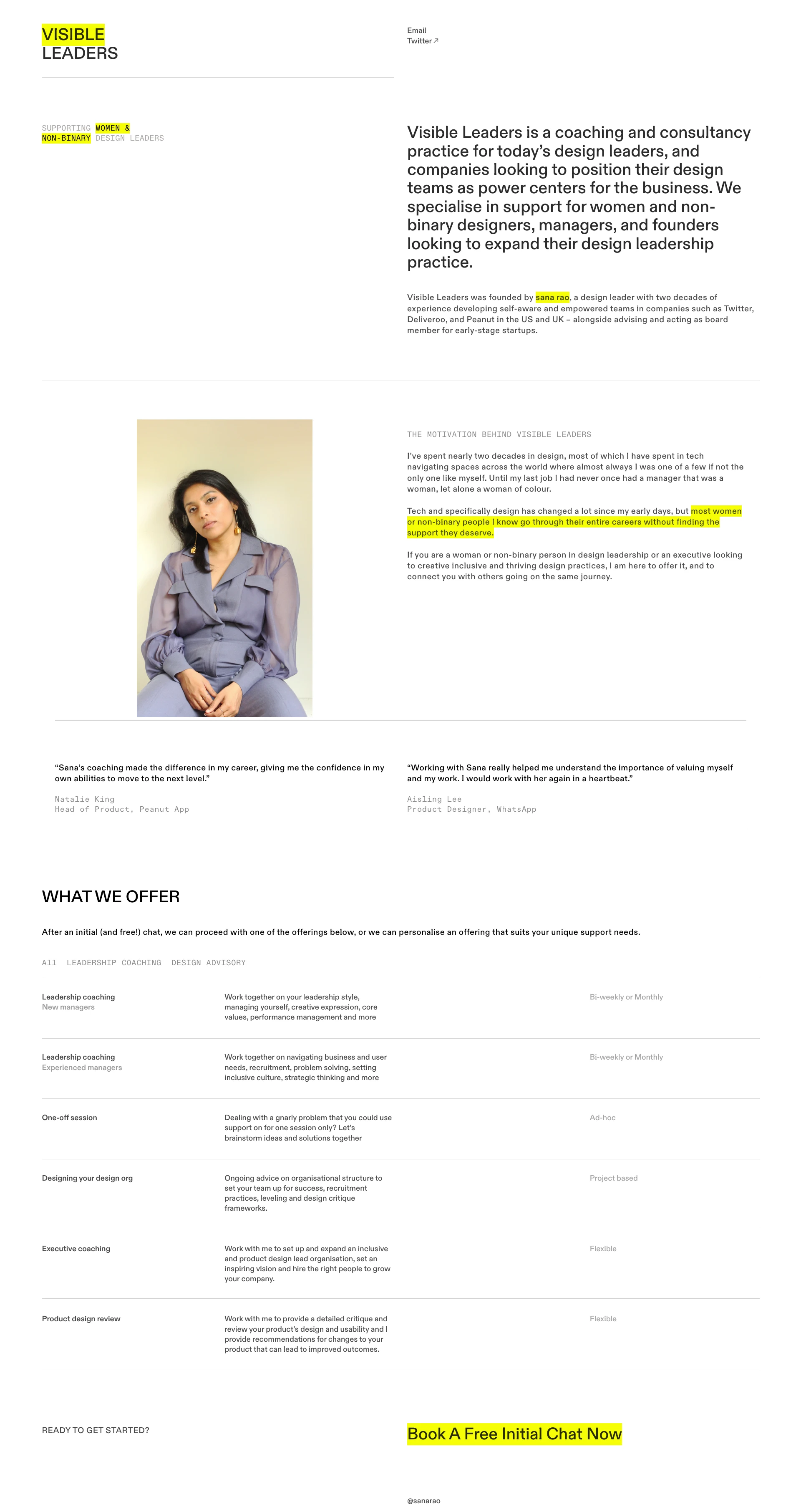 Visible Leaders Landing Page Example: Visible Leaders is a coaching and consultancy practice for today’s design leaders, and companies looking to position their design teams as power centers for the business. We specialise in support for women and non-binary designers, managers, and founders looking to expand their design leadership practice.