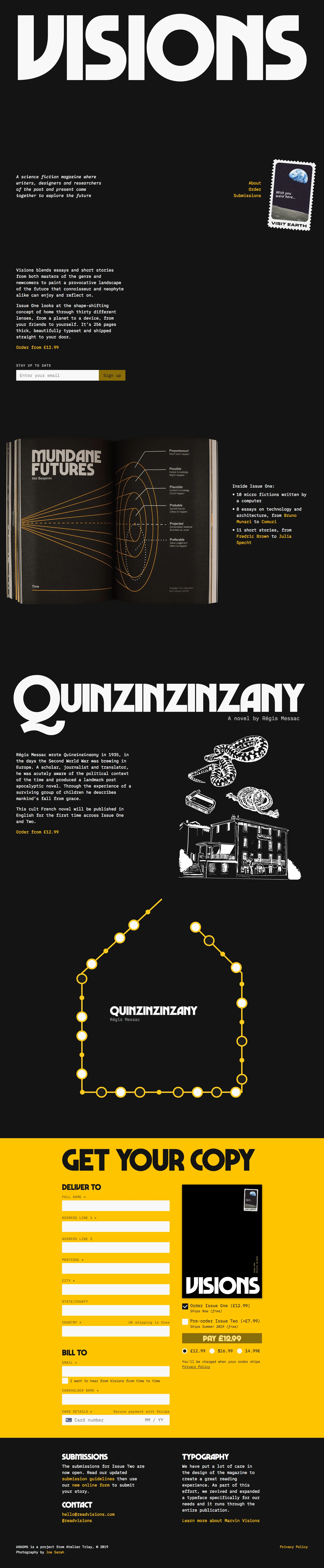 Visions Landing Page Example: A science fiction magazine where writers, designers and researchers of the past and present come together to explore the future