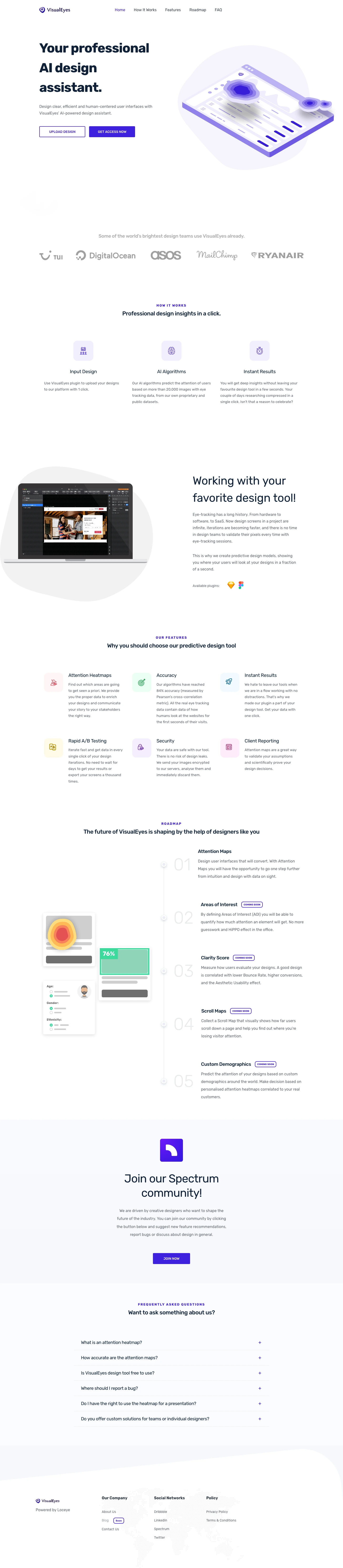 VisualEyes Landing Page Example: Attention heatmaps inside your design tool with one click! Available plugins for Figma, Sketch, Adobe XD