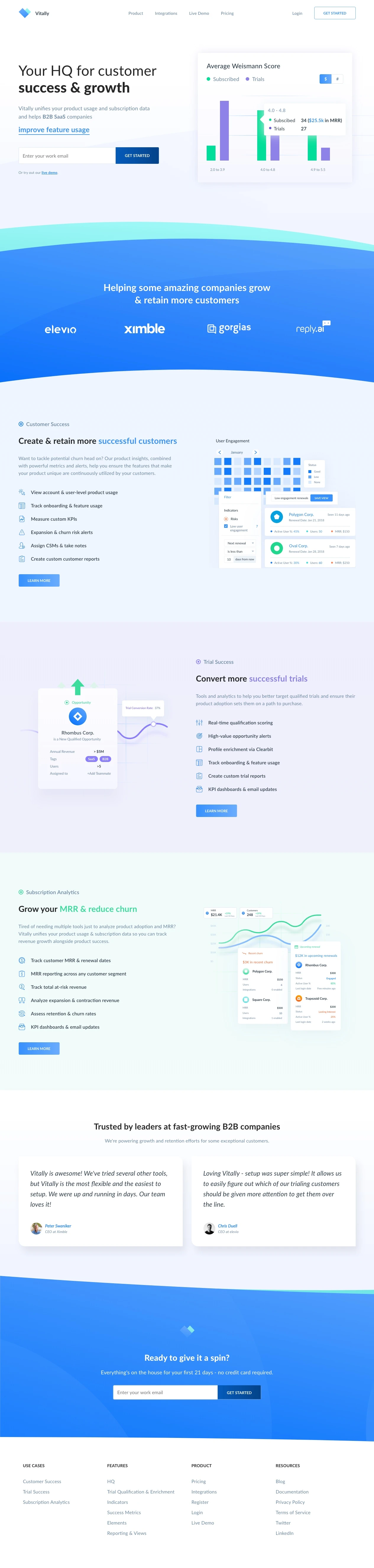 Vitally Landing Page Example: Vitally is a customer success and growth analytics platform for B2B SaaS companies. By unifying your product data and subscription data, combined with powerful metrics & alerts, we help you get ahead of churn, build truly successful customers, and convert more trials.
