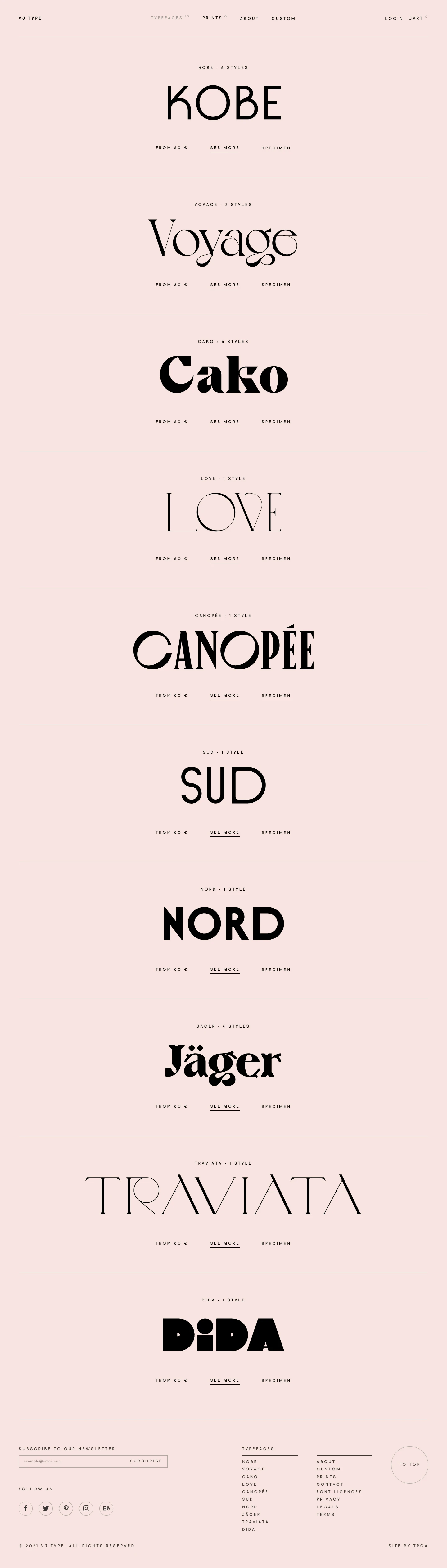 VJ Type Typefaces Landing Page Example: VJ-Type is an independant type foundry based in Paris, born from Violaine & Jérémy's creative studio. In our graphic design work, we took the habit of drawing custom fonts for the projects we work on. We design fonts like we would design everything else: with our own artistic gesture and sensibility. We clearly focus on drawing strong and peculiar fonts. You won’t find many weights but you will find many glyph alternates. That’s our thing.