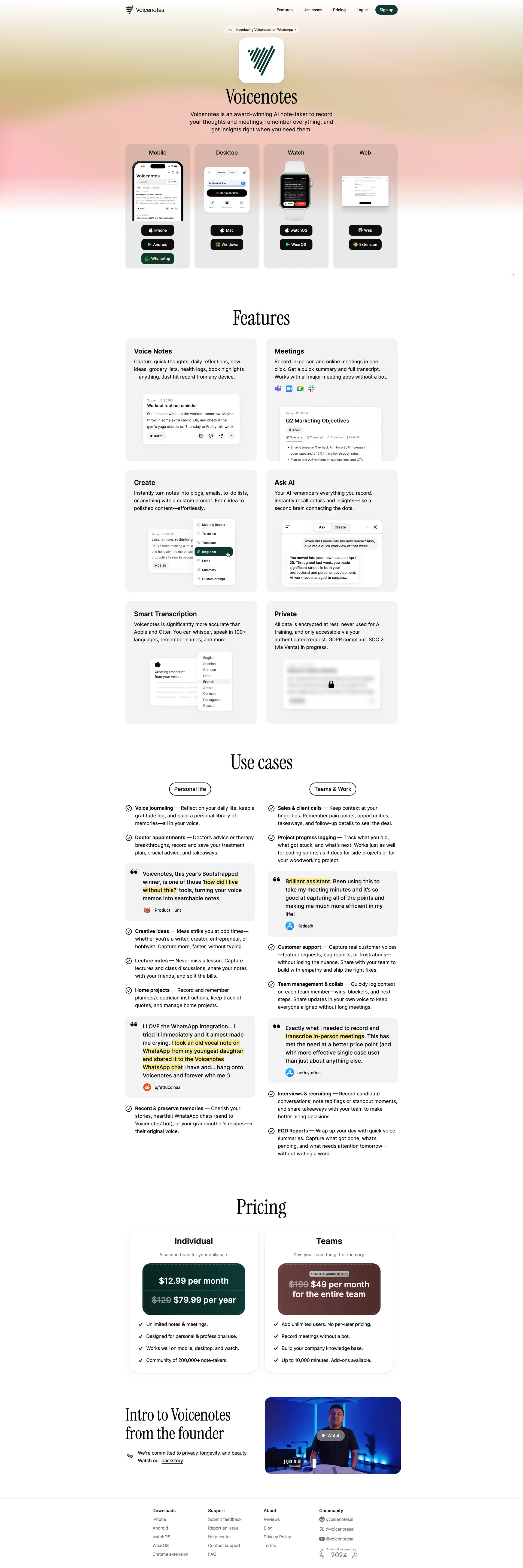 Voicenotes Landing Page Example: Voicenotes is an award-winning AI note-taker to record your thoughts and meetings, remember everything, and get insights right when you need them.
