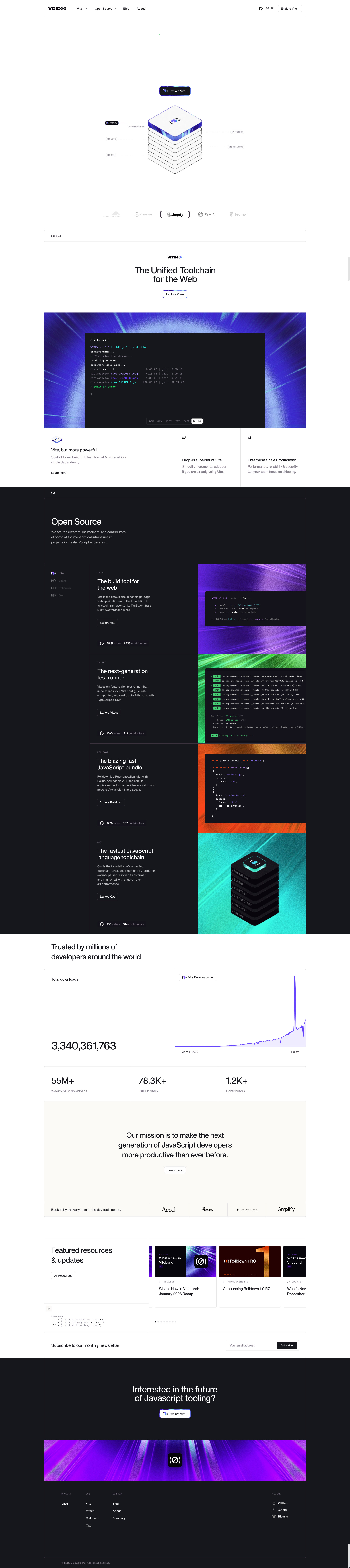 VoidZero Landing Page Example: Our mission is to make the next generation of JavaScript developers more productive than ever before