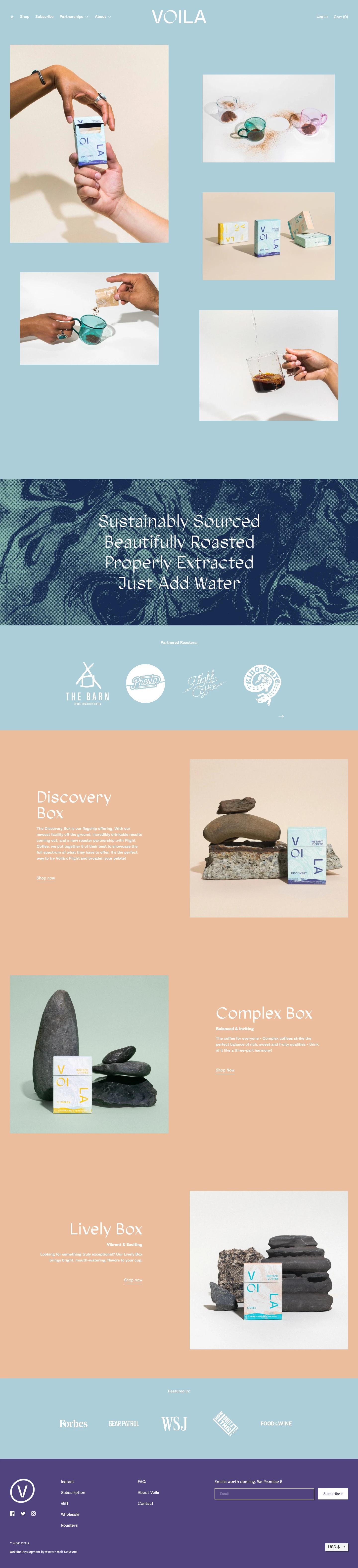 VOILA Landing Page Example: Sustainably sourced. Beautifully roasted. Properly extracted. Just Add Water.