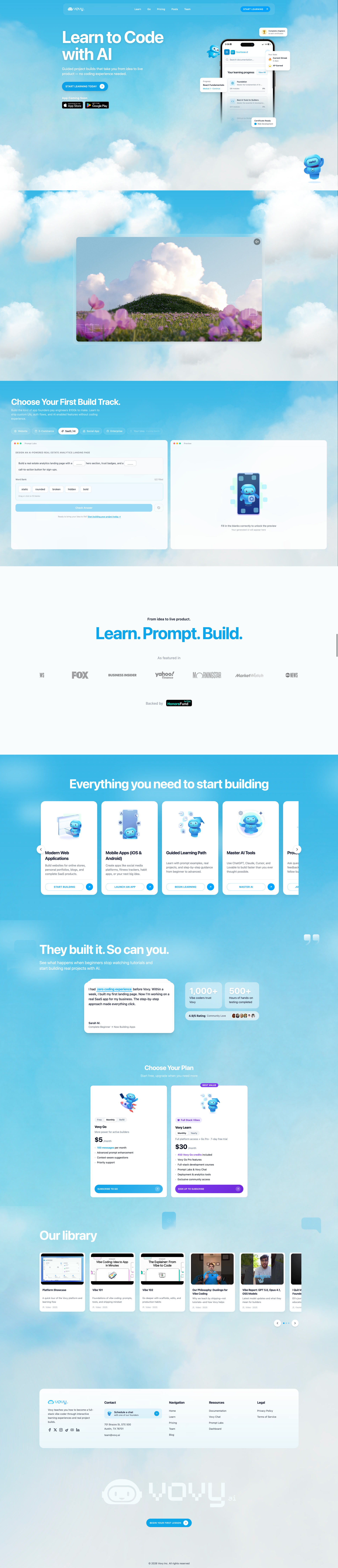 Vovy Landing Page Example: Guided project builds that take you from idea to live product — no coding experience needed. Learn AI-powered development with Lovable, Cursor, and Claude.