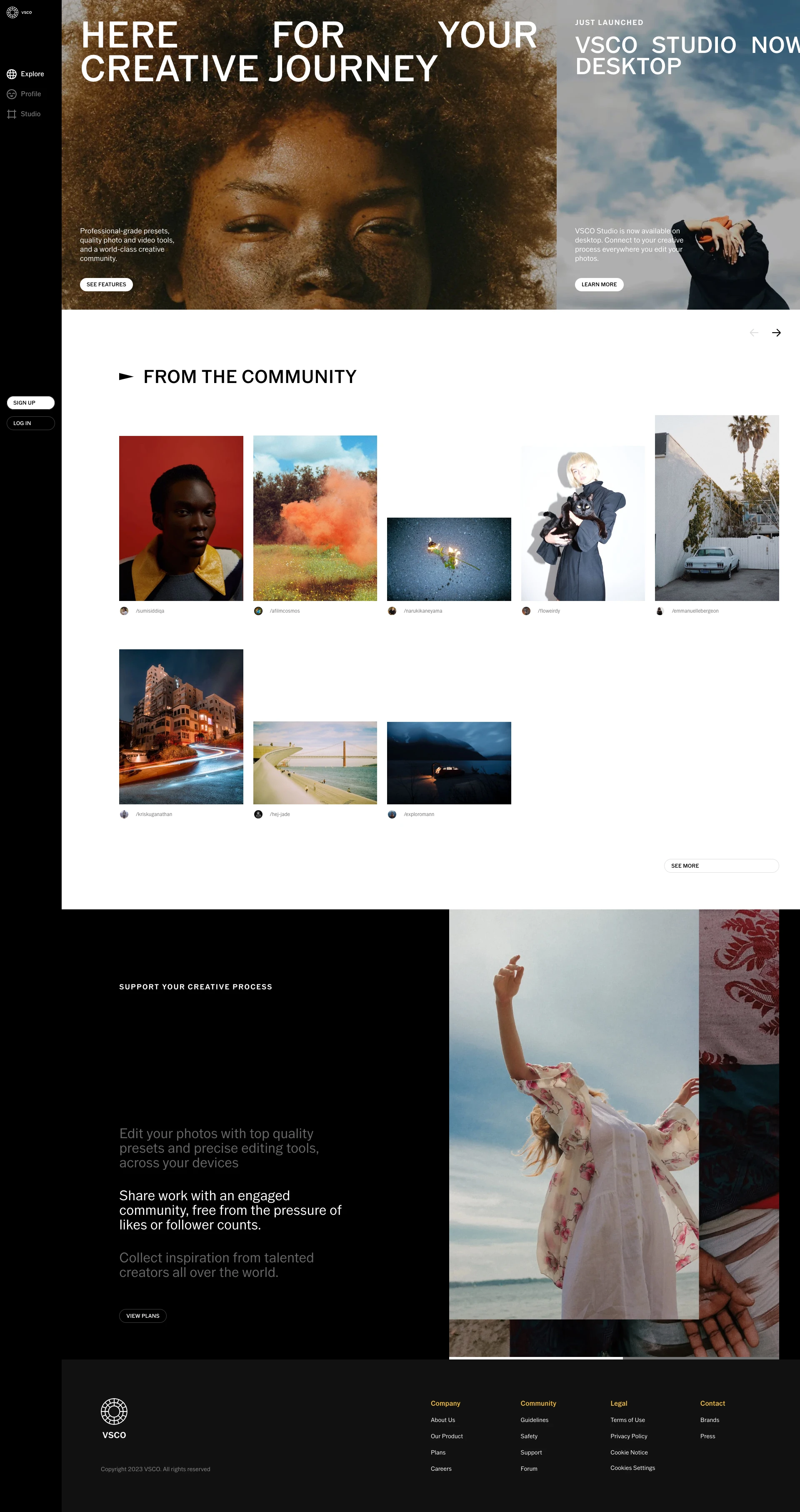 VSCO Landing Page Example: Professional-grade presets, quality photo and video tools, and a world-class creative community so you can master your photography skills and achieve image quality across mobile and desktop.