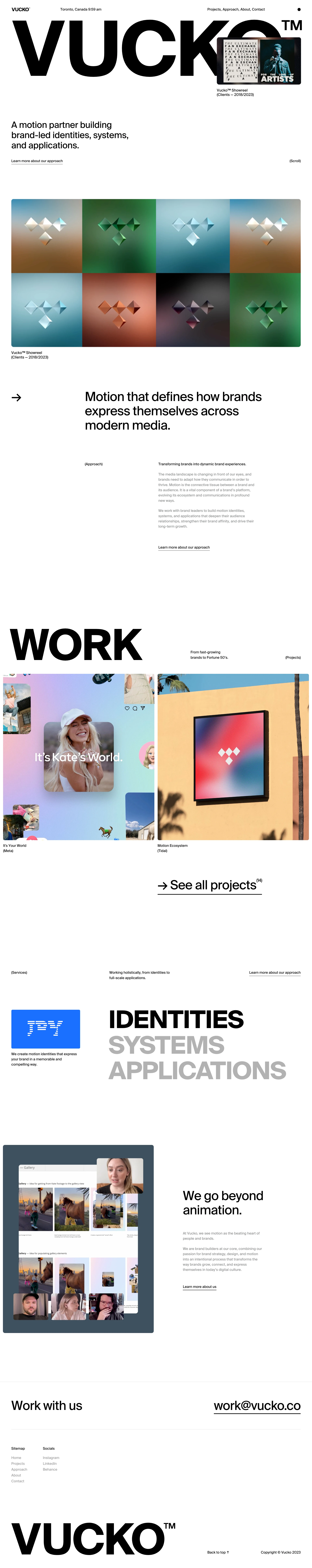 Vucko Landing Page Example: A motion partner building brand-led identities, systems, and applications.