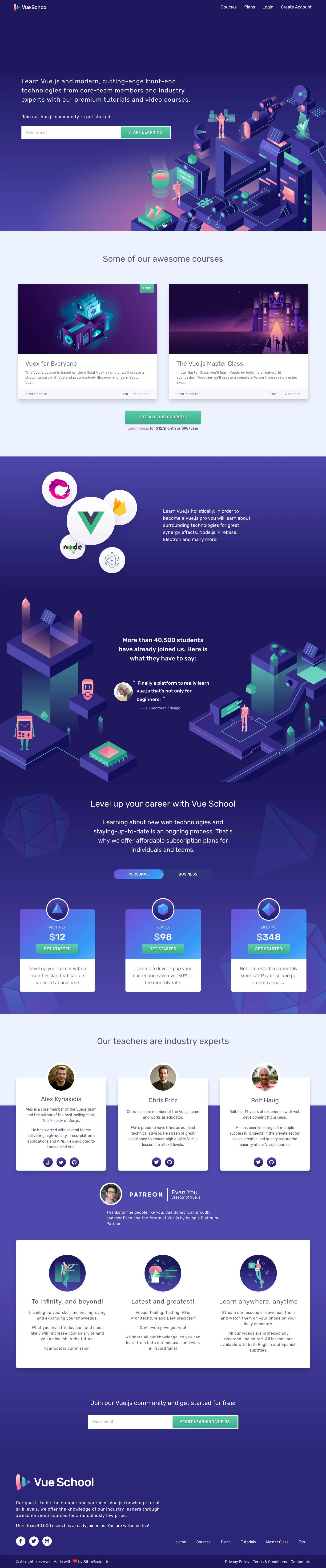 Vue School Landing Page Example: Learn Vue.js and modern, cutting-edge front-end technologies from core-team members and industry experts with our premium tutorials and video courses.