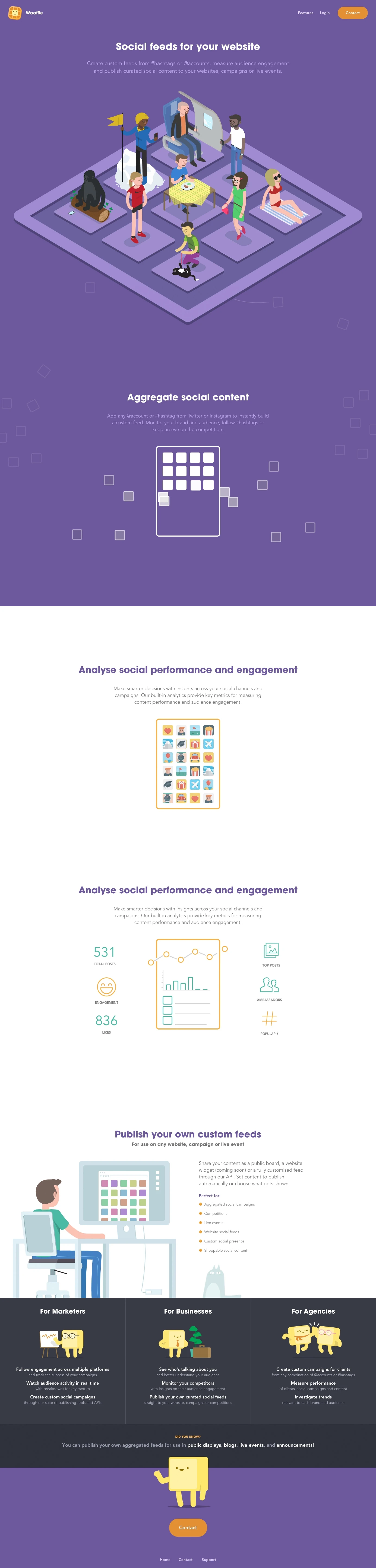 Waaffle Landing Page Example: Aggregate social media posts, measure audience engagement and publish custom content feeds for your campaigns, websites and events.