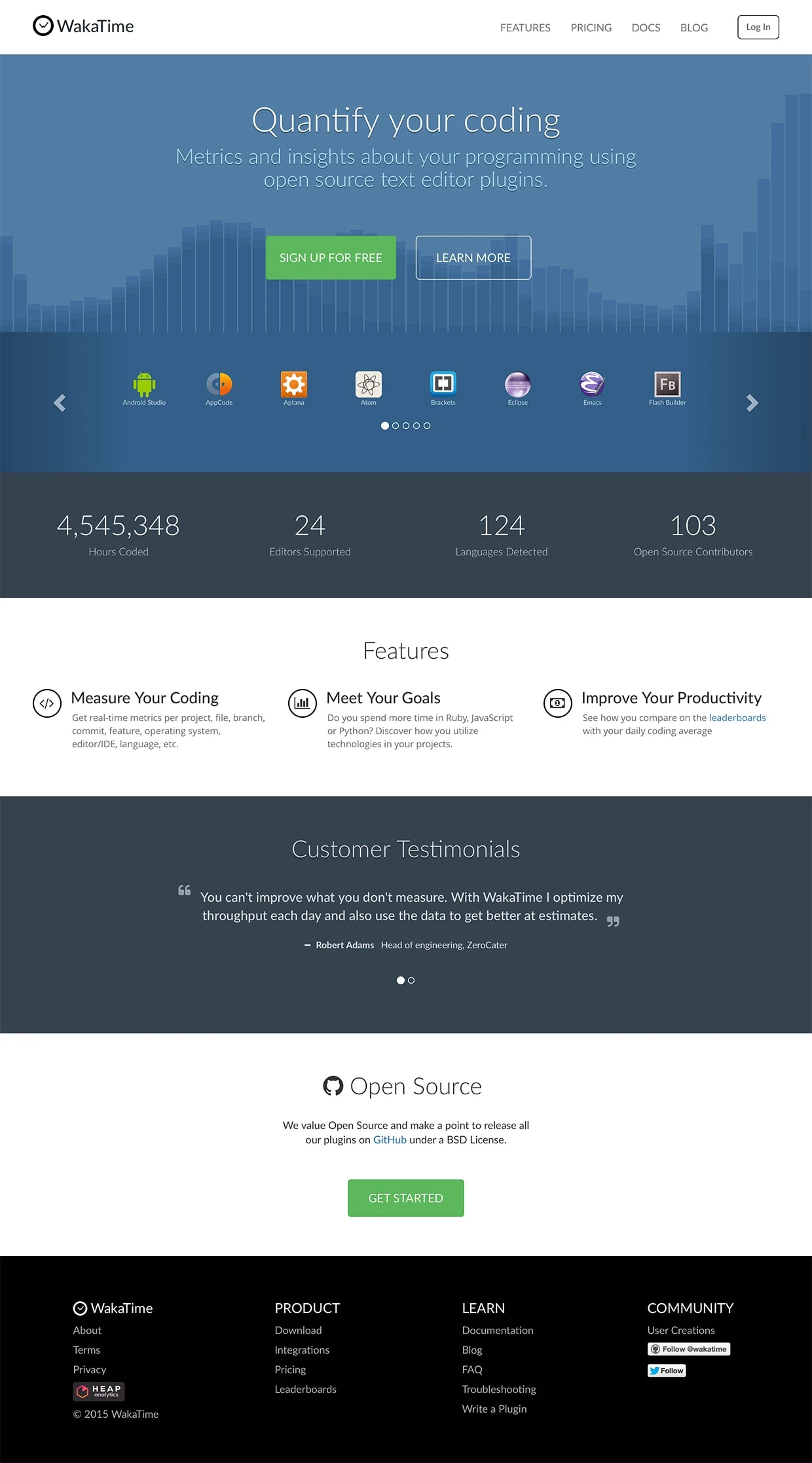 WakaTime Landing Page Example: Open-source text editor plugins for metrics about your programming.