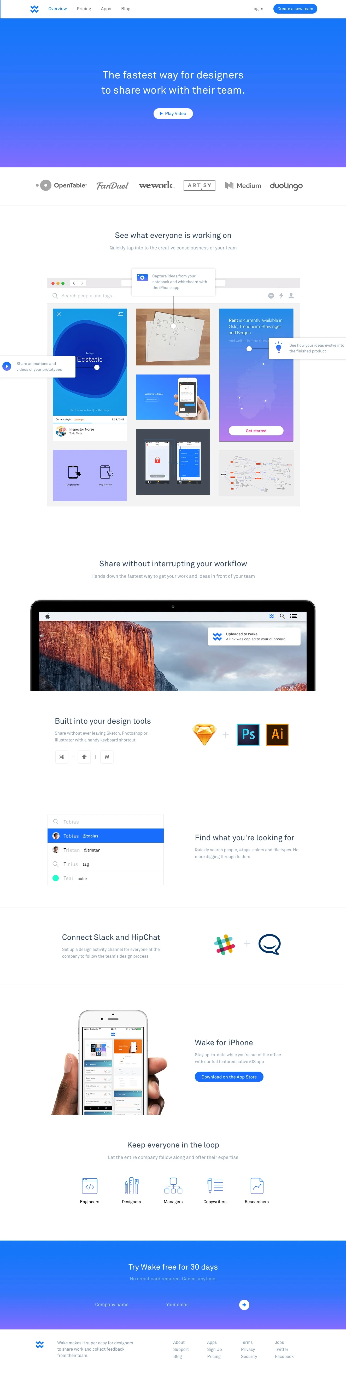Wake Landing Page Example: Wake is the fastest and easiest way for designers to share work and collect feedback from their team.
