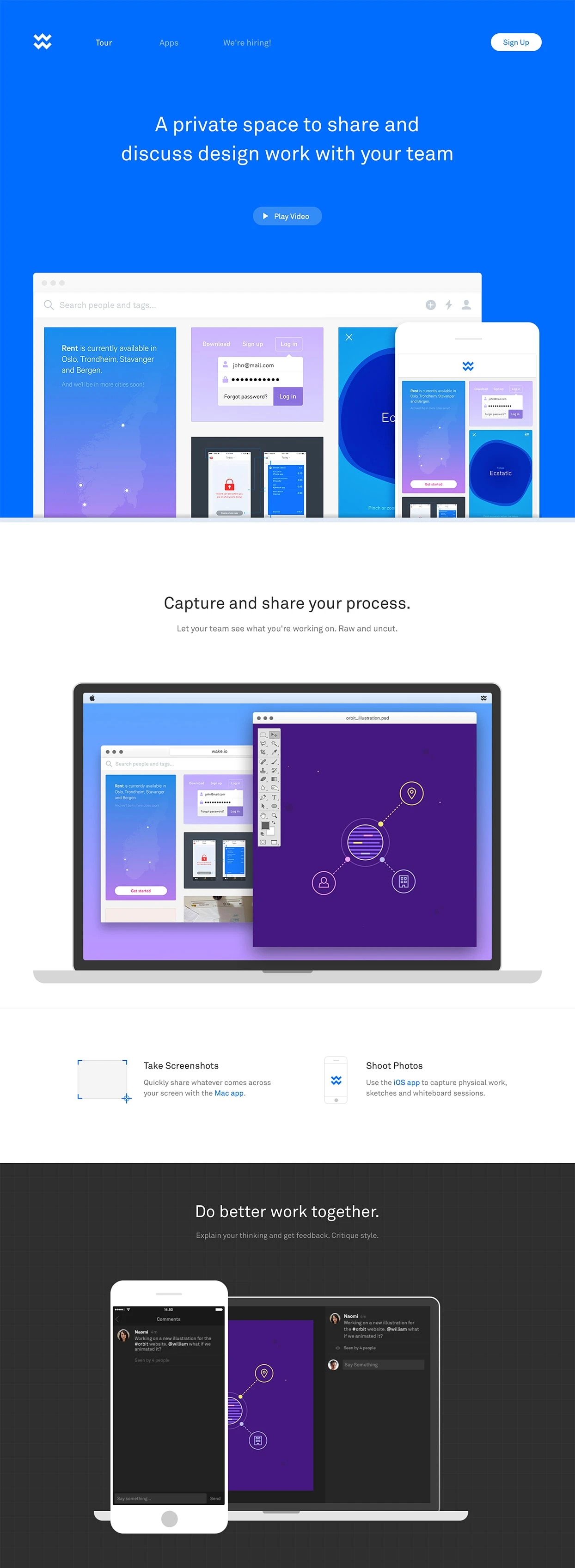 Wake Landing Page Example: A private space to share and discuss design work with your team.
