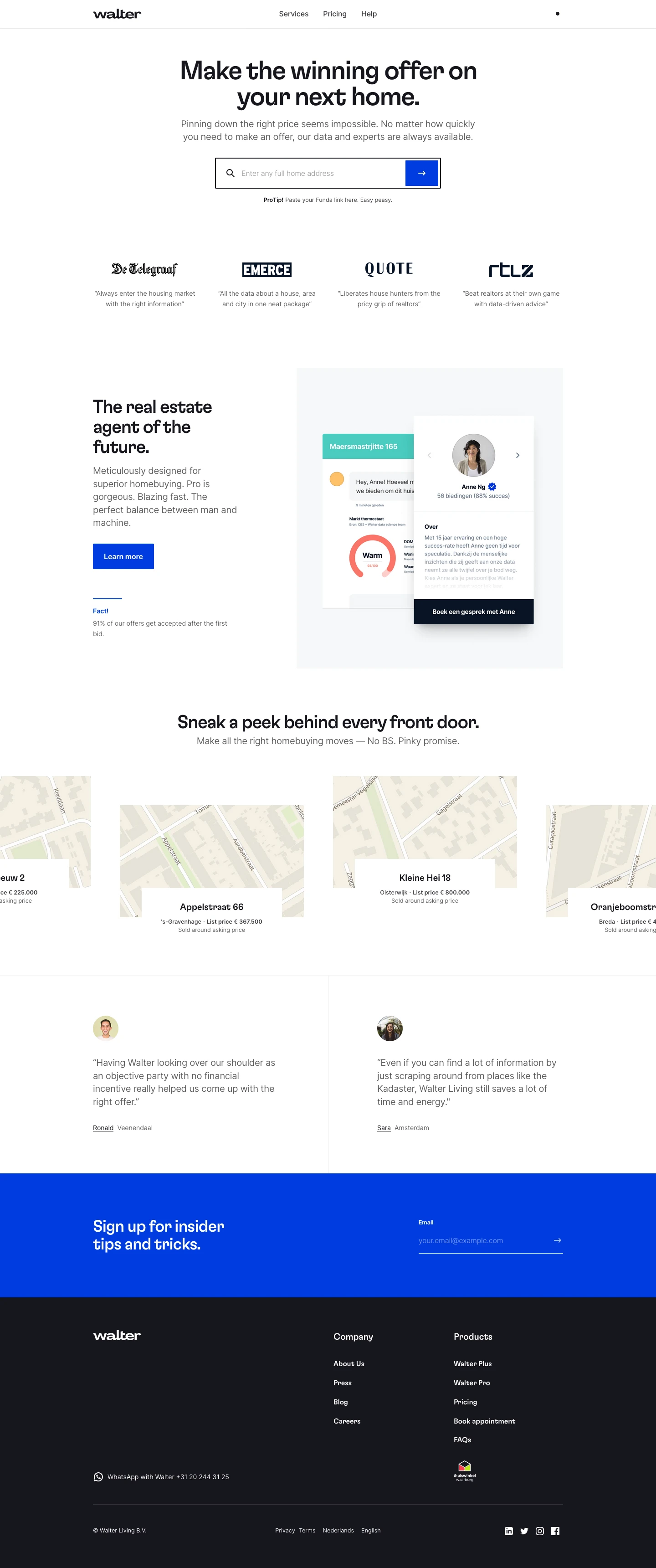 Walter Living Landing Page Example: Walter helps hard-working people to make better informed decisions when buying their next home, by giving them all the insights for free.