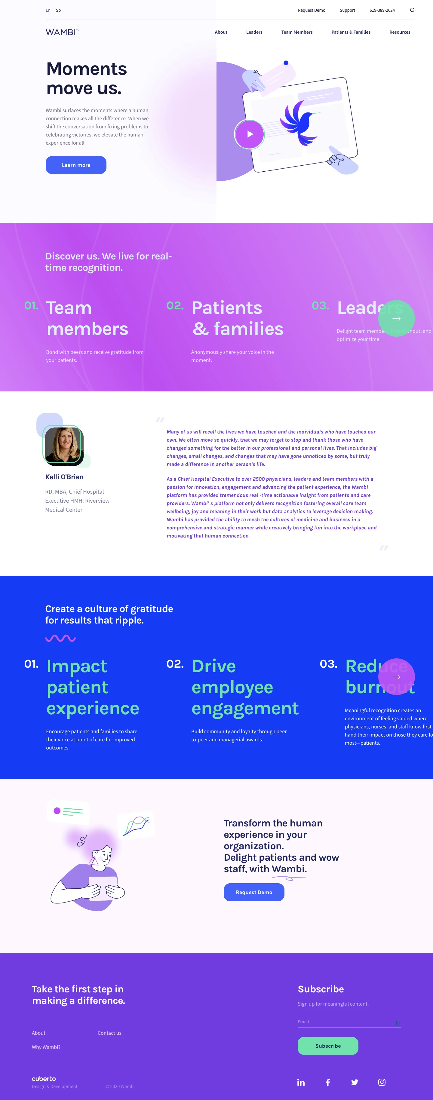 Wambi Landing Page Example: Wambi helps unlock the power of gratitude with a patient-driven and peer-to-peer recognition tool to impact patient experience, team engagement, and burnout.