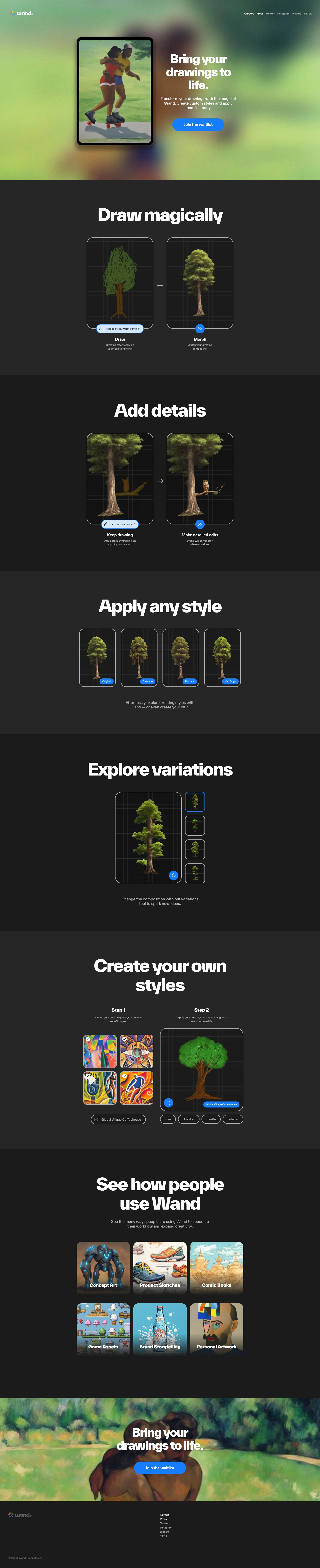 Wand Landing Page Example: Bring your drawings to life. Transform your drawings with the magic of Wand. Create custom styles and apply them instantly.