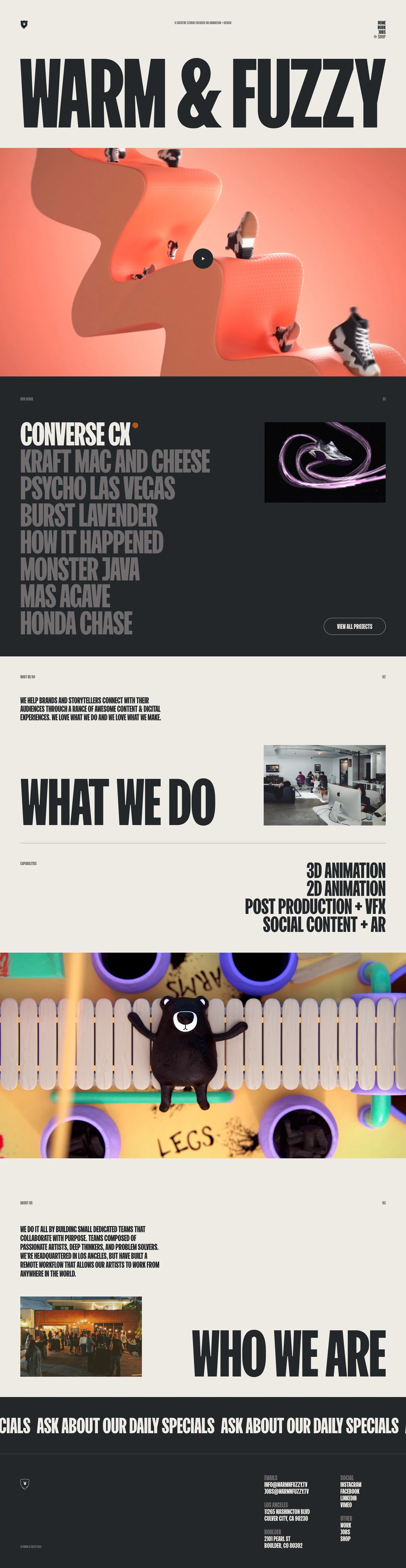 Warm & Fuzzy Landing Page Example: A creative studio focused on animation, design, and visual effects.
