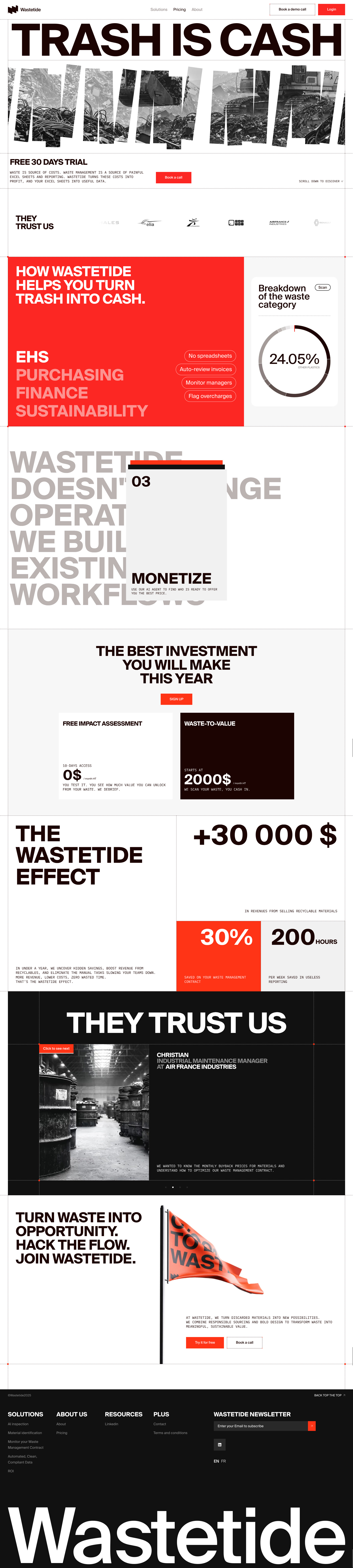 Wastetide Landing Page Example: Wastetide turns waste into profit with AI-driven insights, turning messy Excel reports into actionable data. Book a free demo or impact assessment today.