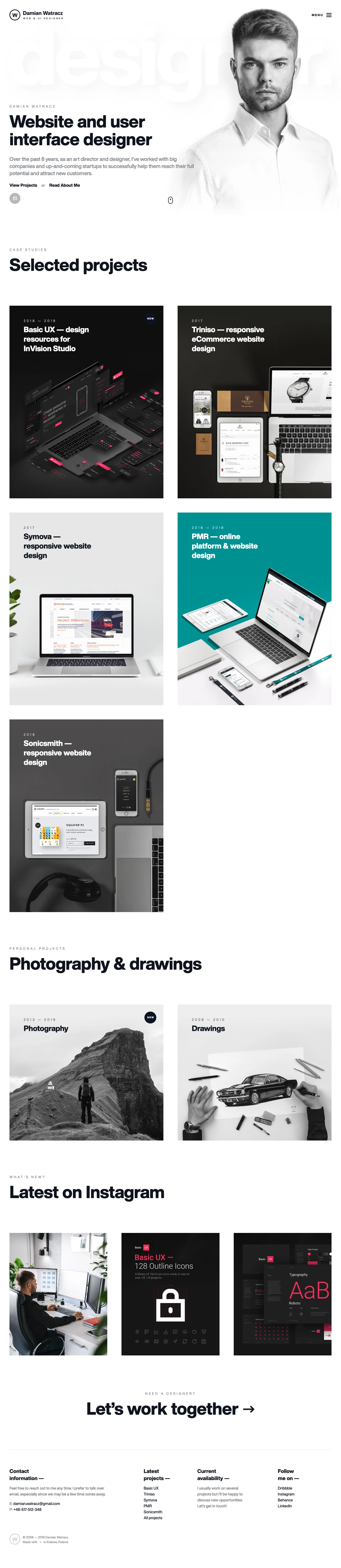 Damian Watracz Landing Page Example: I design unique and functional digital products. Over the past 8 years, as a freelance art director and designer, I’ve worked with big companies and up-and-coming startups around the world to help them reach their full potential and attract new customers.