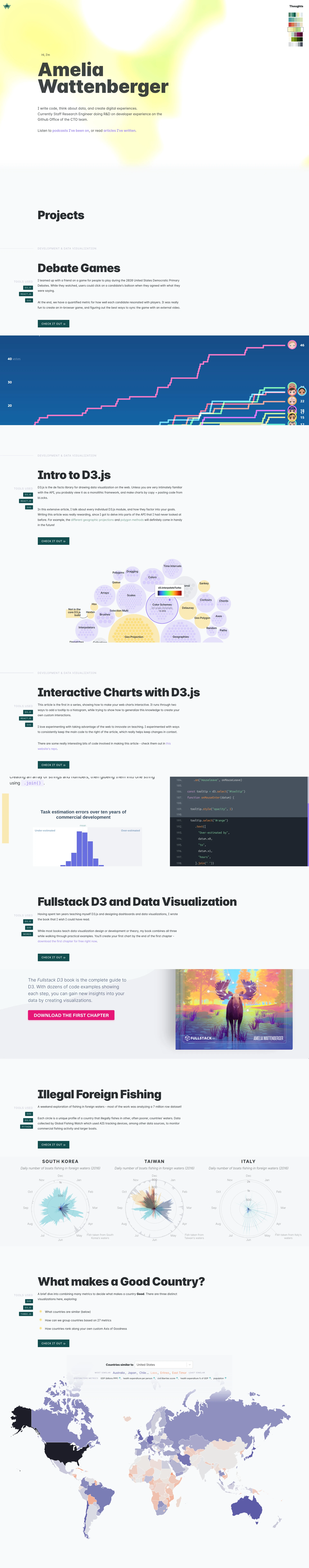 Amelia Wattenberger Landing Page Example: I write code, think about data, and create digital experiences. Currently Staff Research Engineer doing R&D on developer experience on the Github Office of the CTO team.