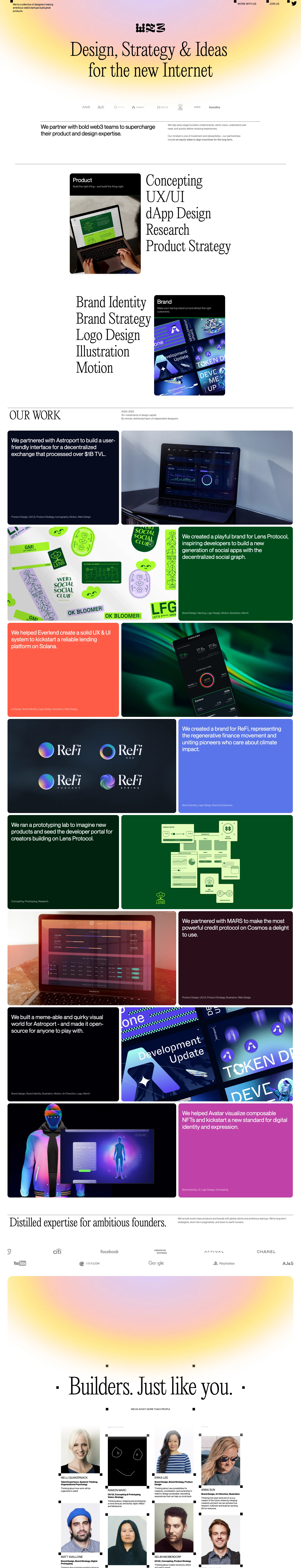WE3 Landing Page Example: We’re a collective of web3 designers helping ambitious startups build great products. We are a community-owned collective, investing design services in exchange for cash + equity. 