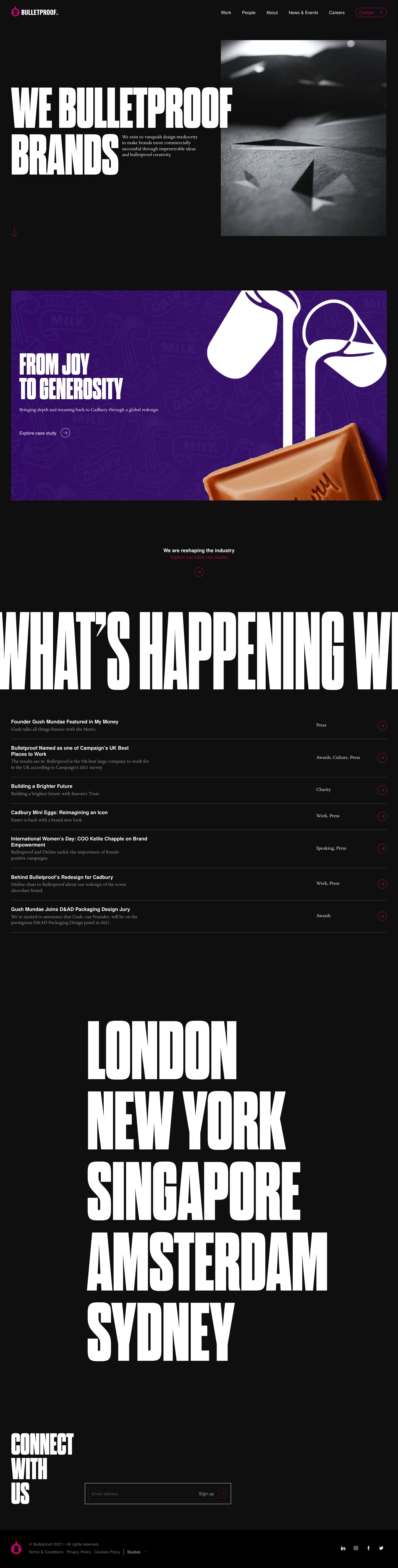 Bulletproof Landing Page Example: As an international strategic brand design agency, we exist to vanquish design mediocrity and make brands more commercially successful.