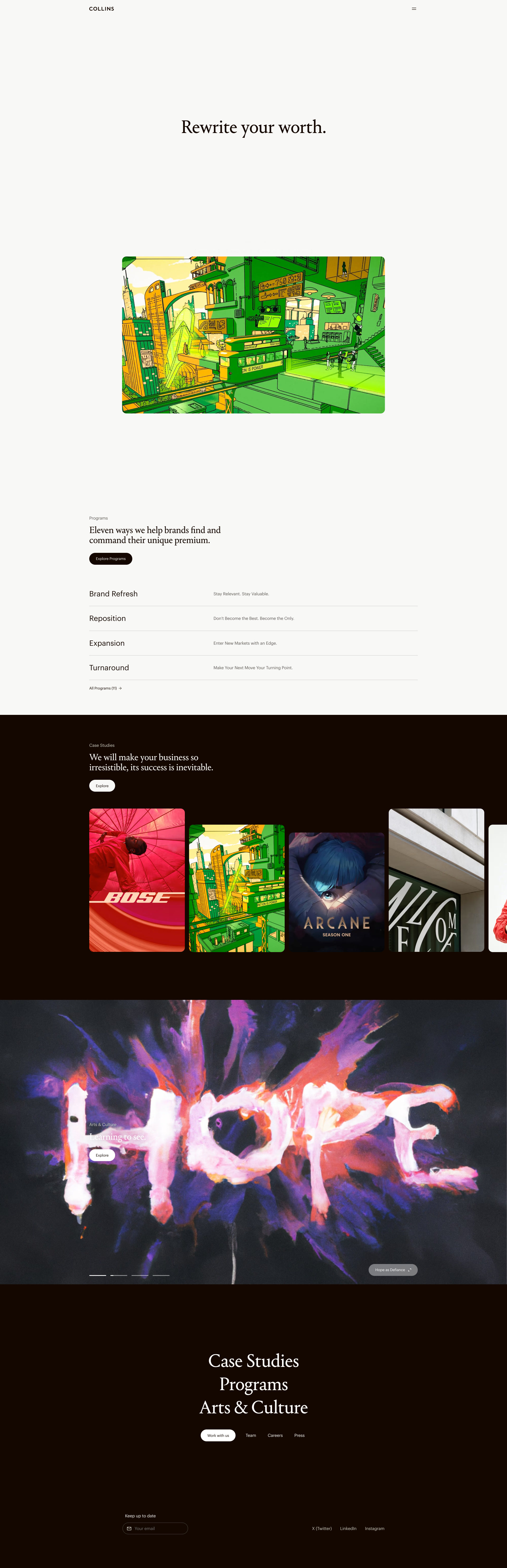 COLLINS Landing Page Example: COLLINS is a transformation consultancy with offices in San Francisco and New York City. We help companies at critical points define, design and move into new futures.