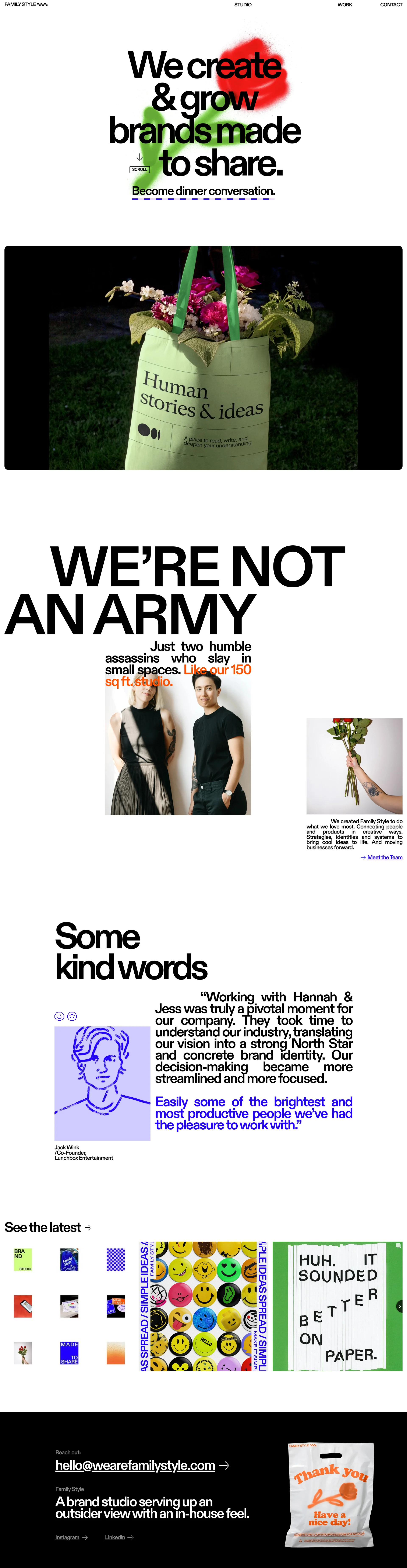 Family Style Landing Page Example: We’re Family Style, a strategy + design duo serving up brands made to share. We help businesses find their voice, tell their story, and connect with their people.