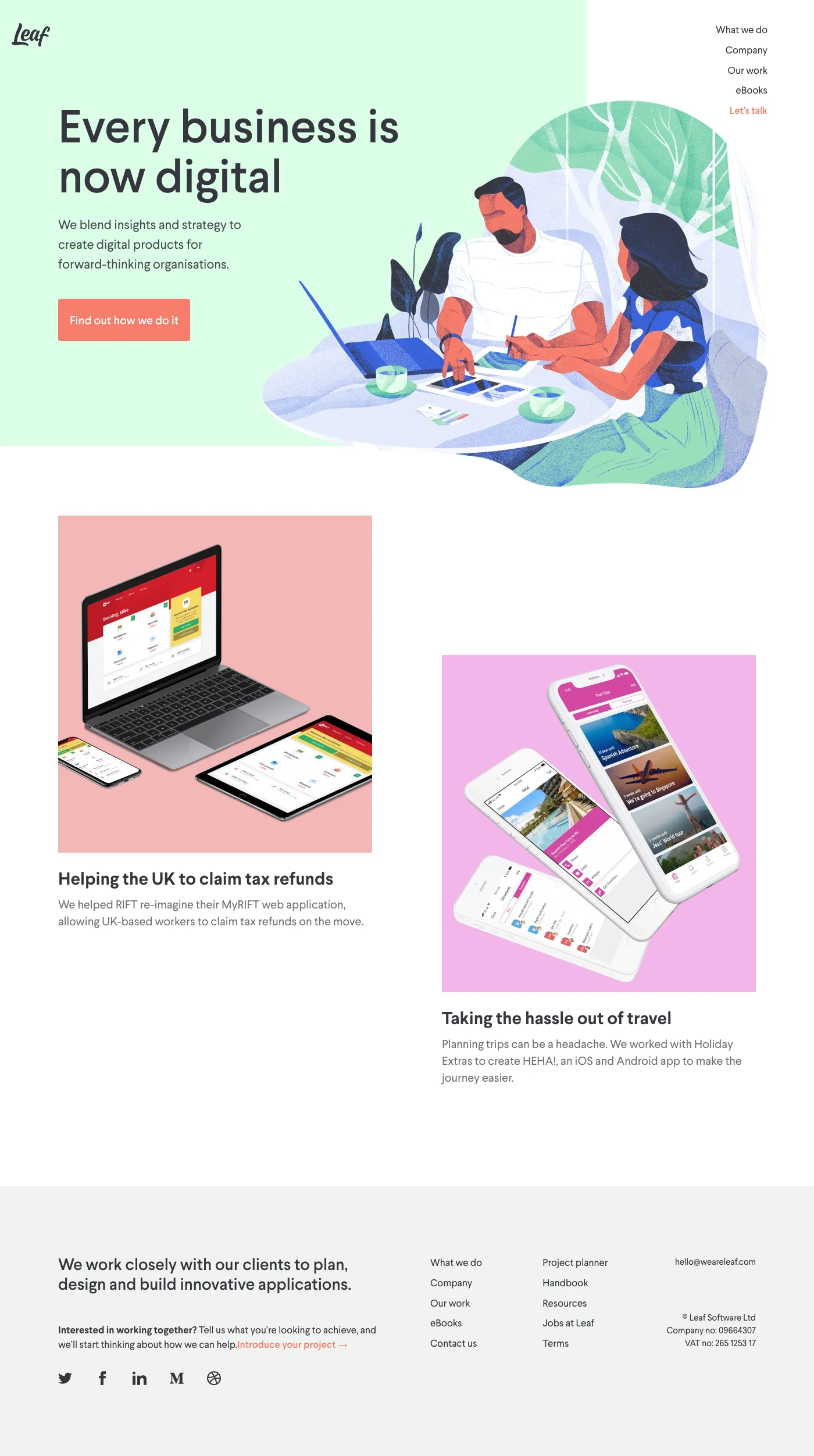 Leaf Landing Page Example: We blend insights and strategy to create digital products for forward-thinking organisations.