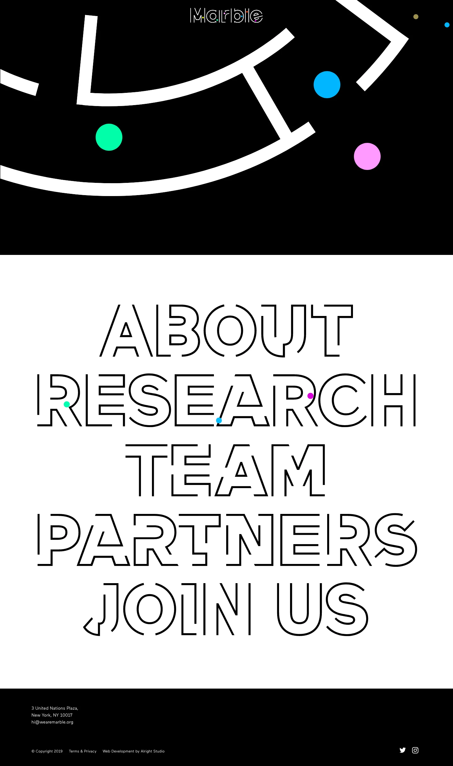 Marble Landing Page Example: Marble is a science and art collective that tackles complex problems affecting children around the world. Marble partners world-class scientists, strategists and designers to leverage big data, scientific breakthroughs, and visual arts for child rights.