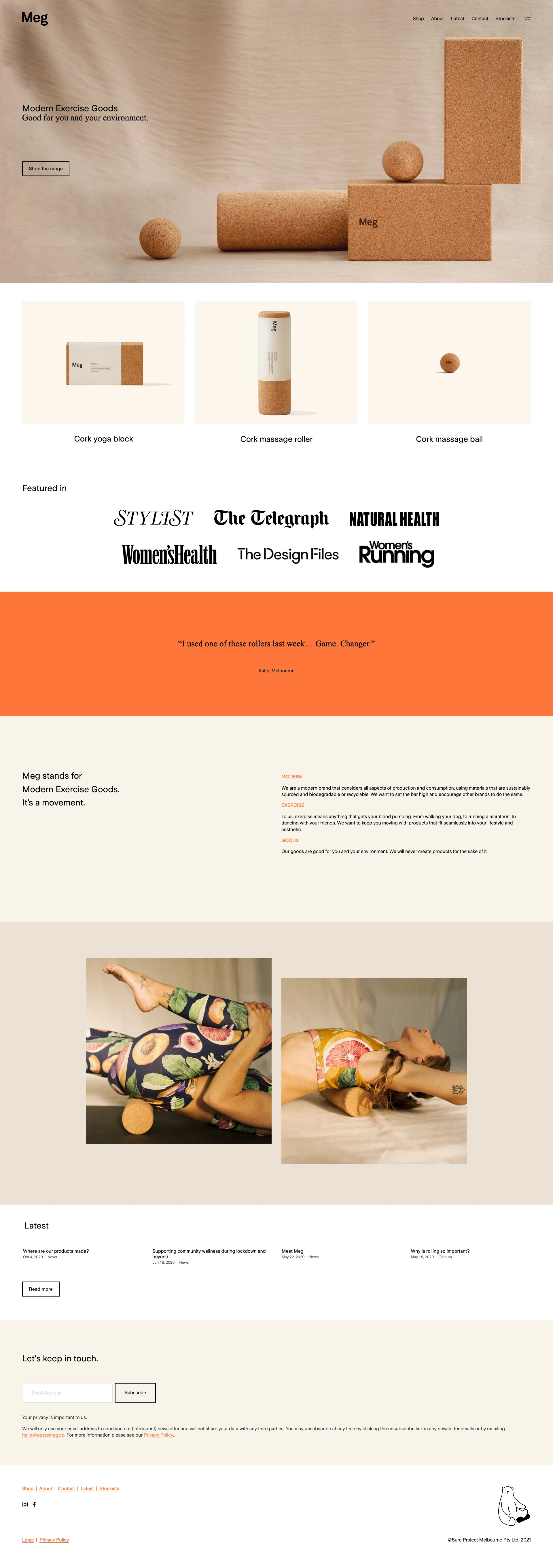 Meg Landing Page Example: Meg stands for Modern Exercise Goods. Cork rollers, cork massage balls, cork yoga blocks and more. Good for you and your environment.