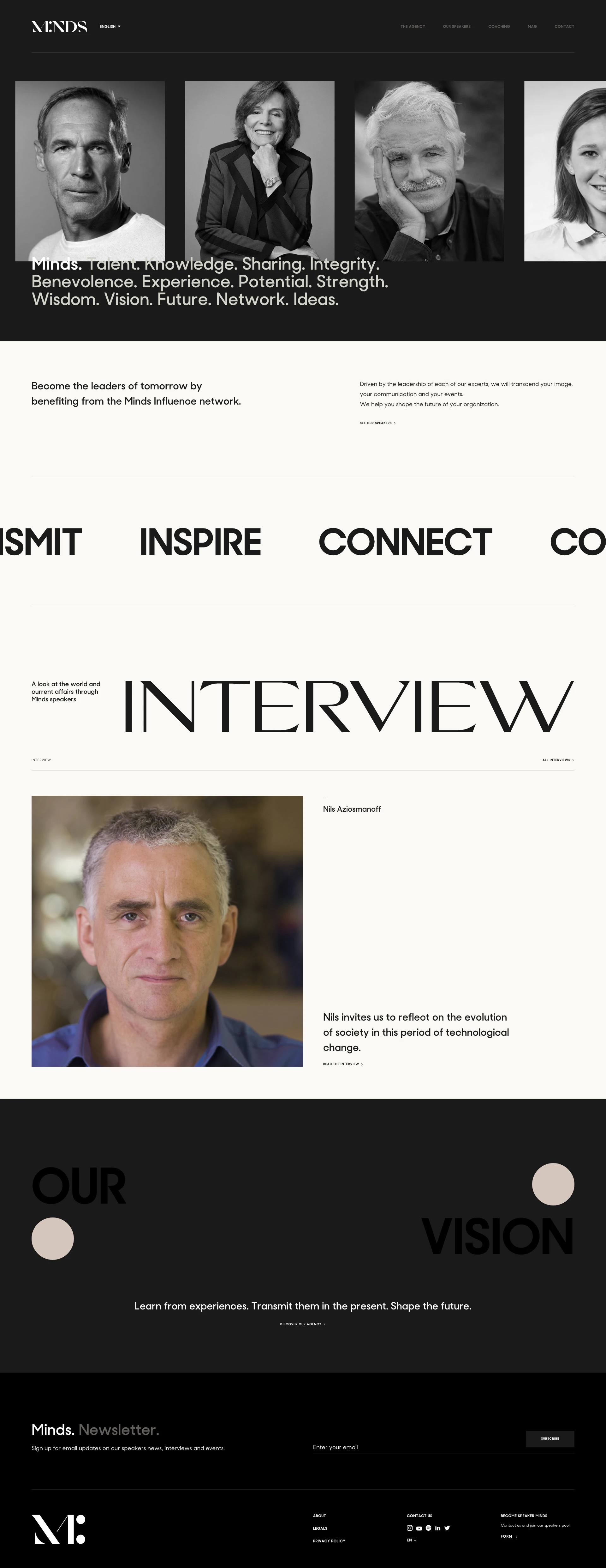 We are Minds Landing Page Example: Minds is a keynote speakers agency and a network of exceptional personalities: speakers, journalists, influencers, artists and celebrities.
