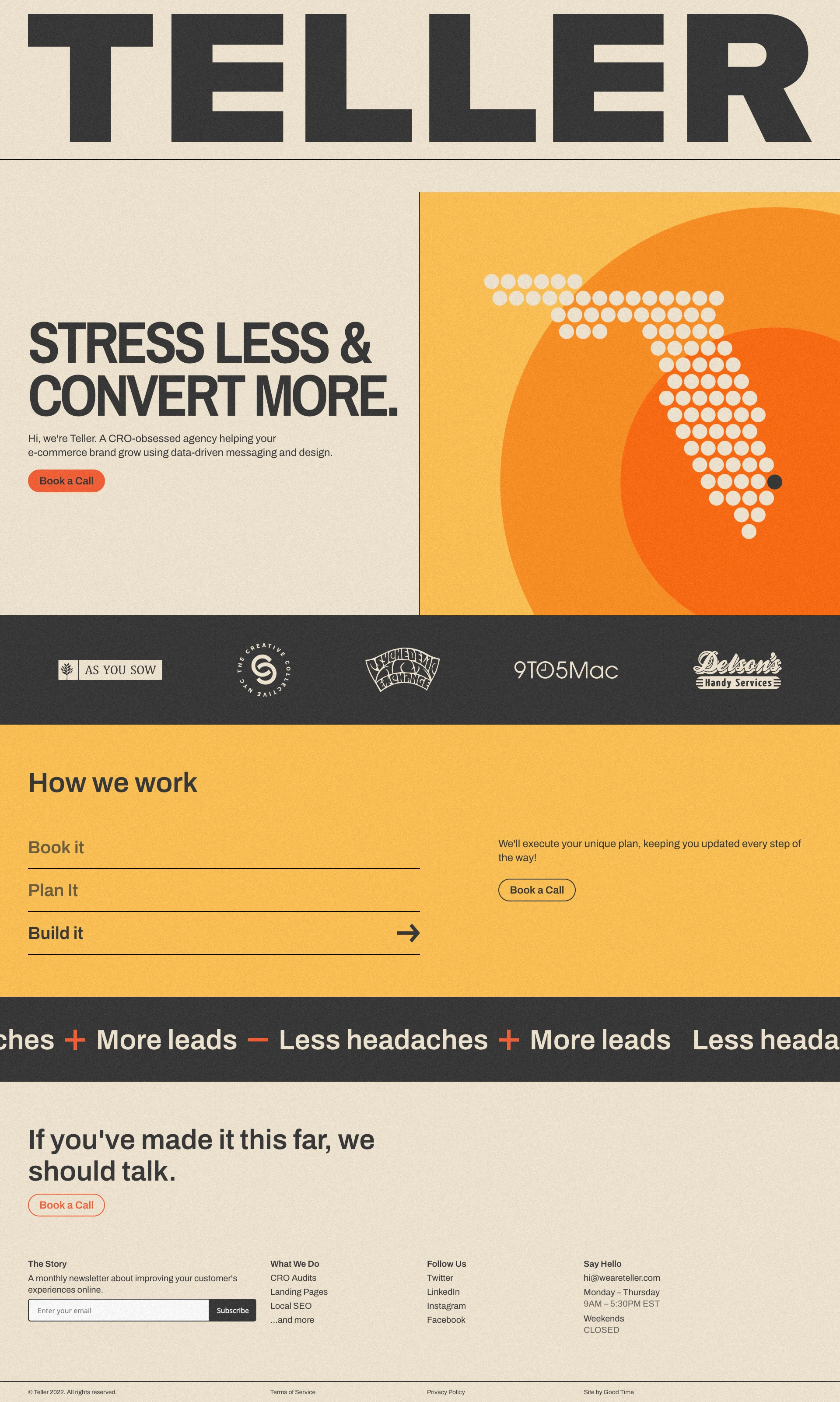 Teller Landing Page Example: Hi, we're Teller. A CRO-obsessed agency helping your e-commerce brand grow using data-driven messaging and design.