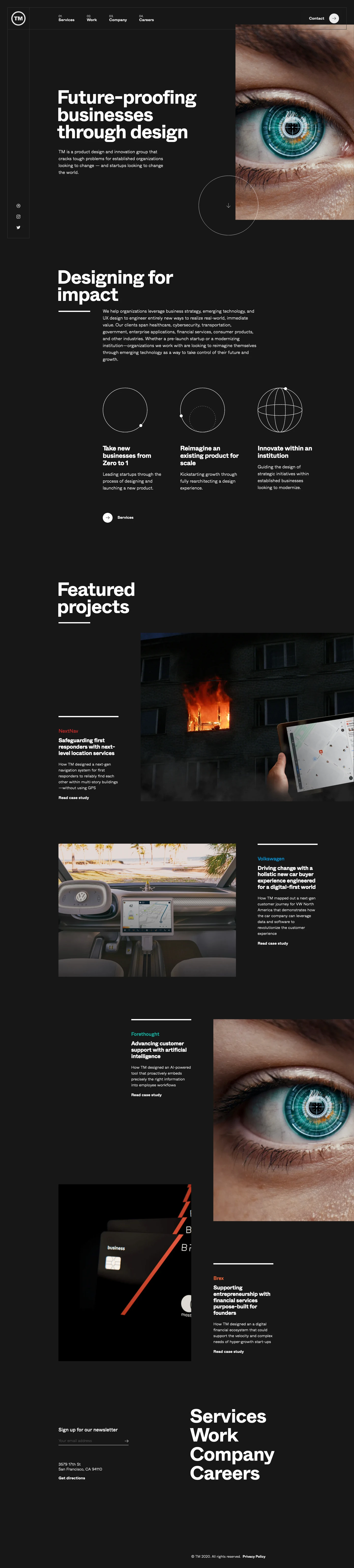 TM Landing Page Example: TM is a product innovation group that marries enterprising technology and design to break ground in your business.