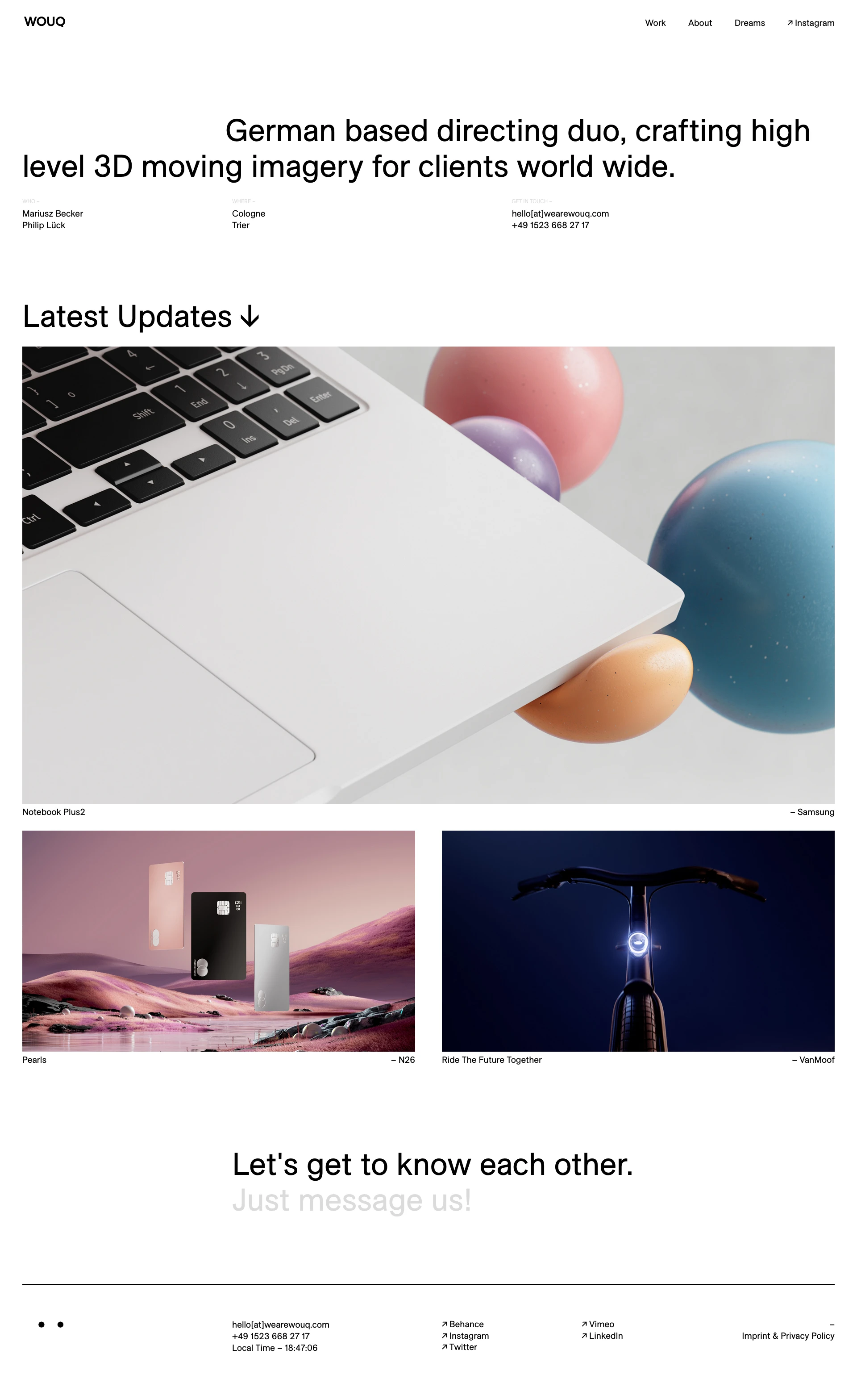 WOUQ Landing Page Example: German based directing duo, crafting high level 3D moving imagery for clients world wide.
